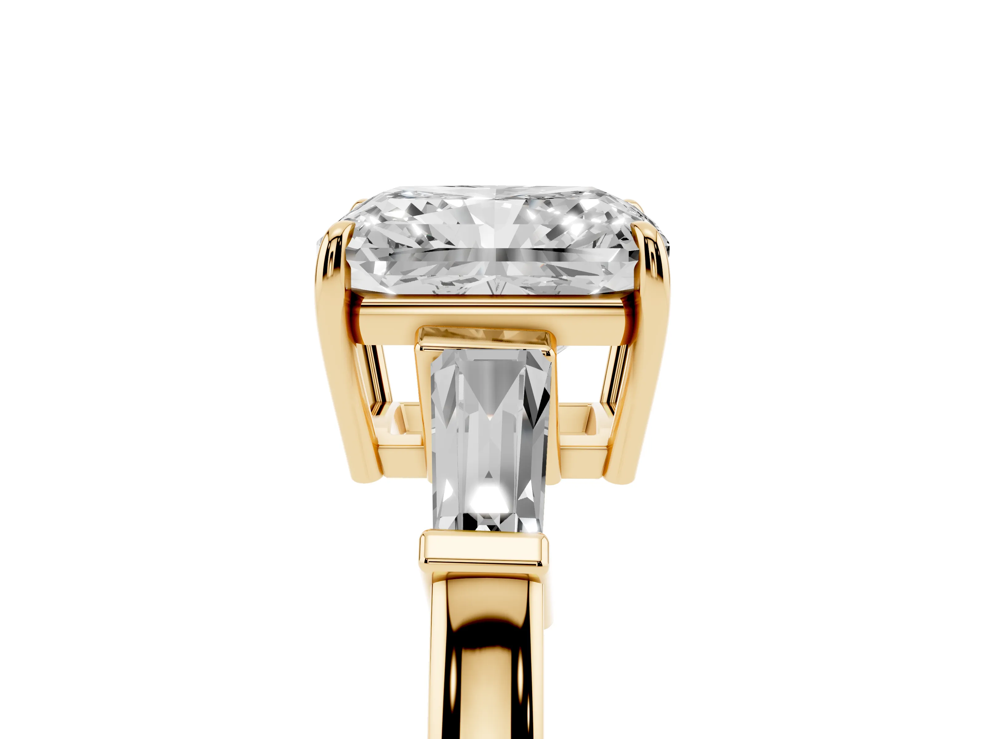 Radiant Cut Diamond Three-Stone Ring Set in Yellow gold with Tapered Baguette Side Stones and Prong Setting