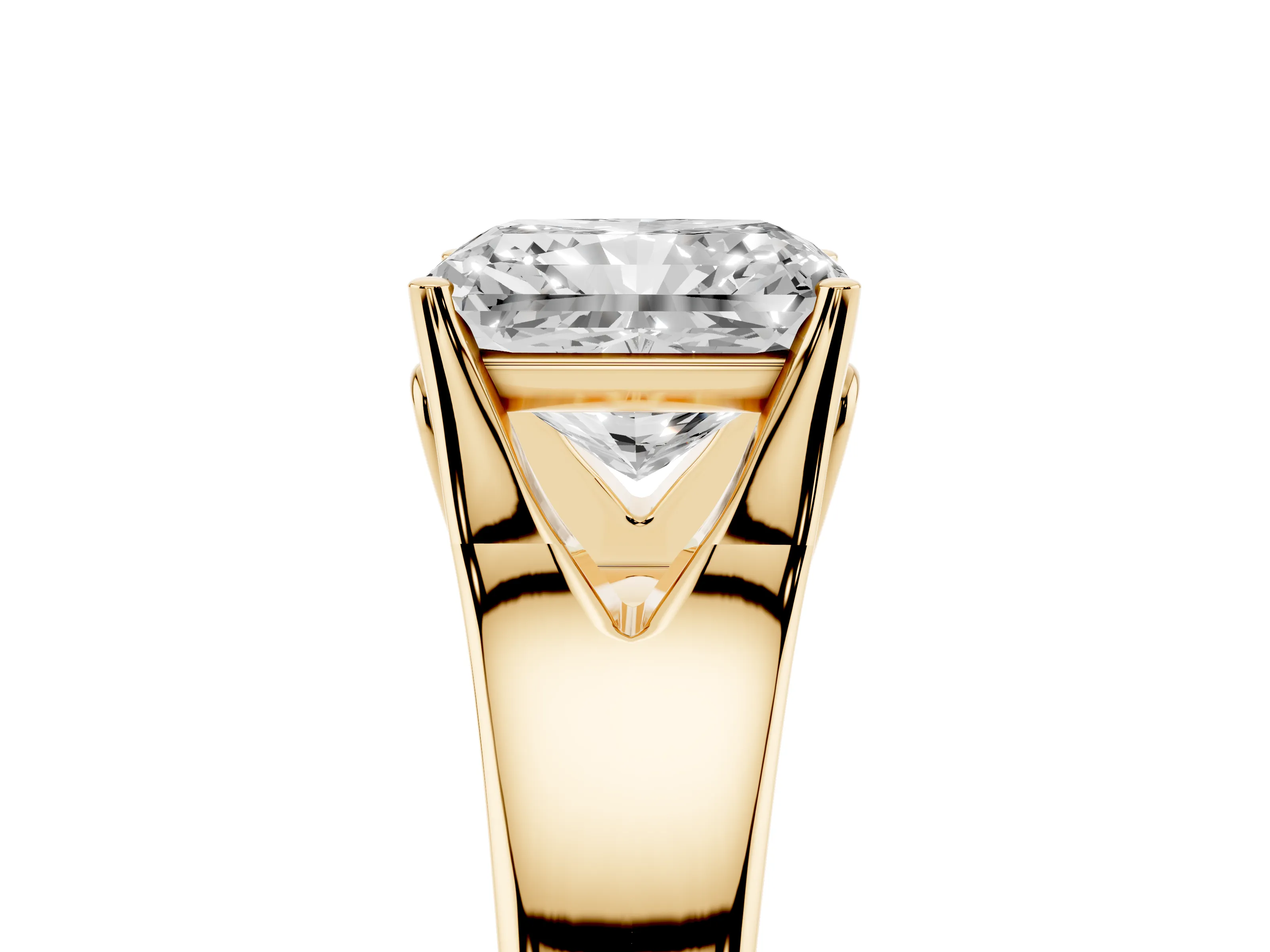 Radiant Cut Diamond Solitaire Ring Set in Yellow gold with Arched Cathedral Band and Prong Setting