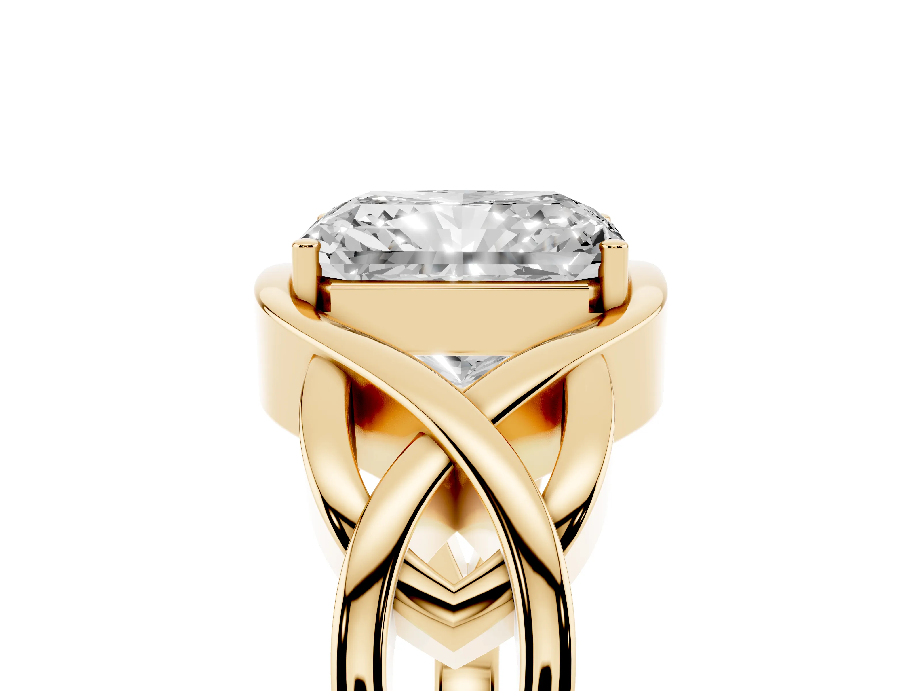 Radiant Cut Diamond Solitaire Ring Set in Yellow gold with Intertwined Band