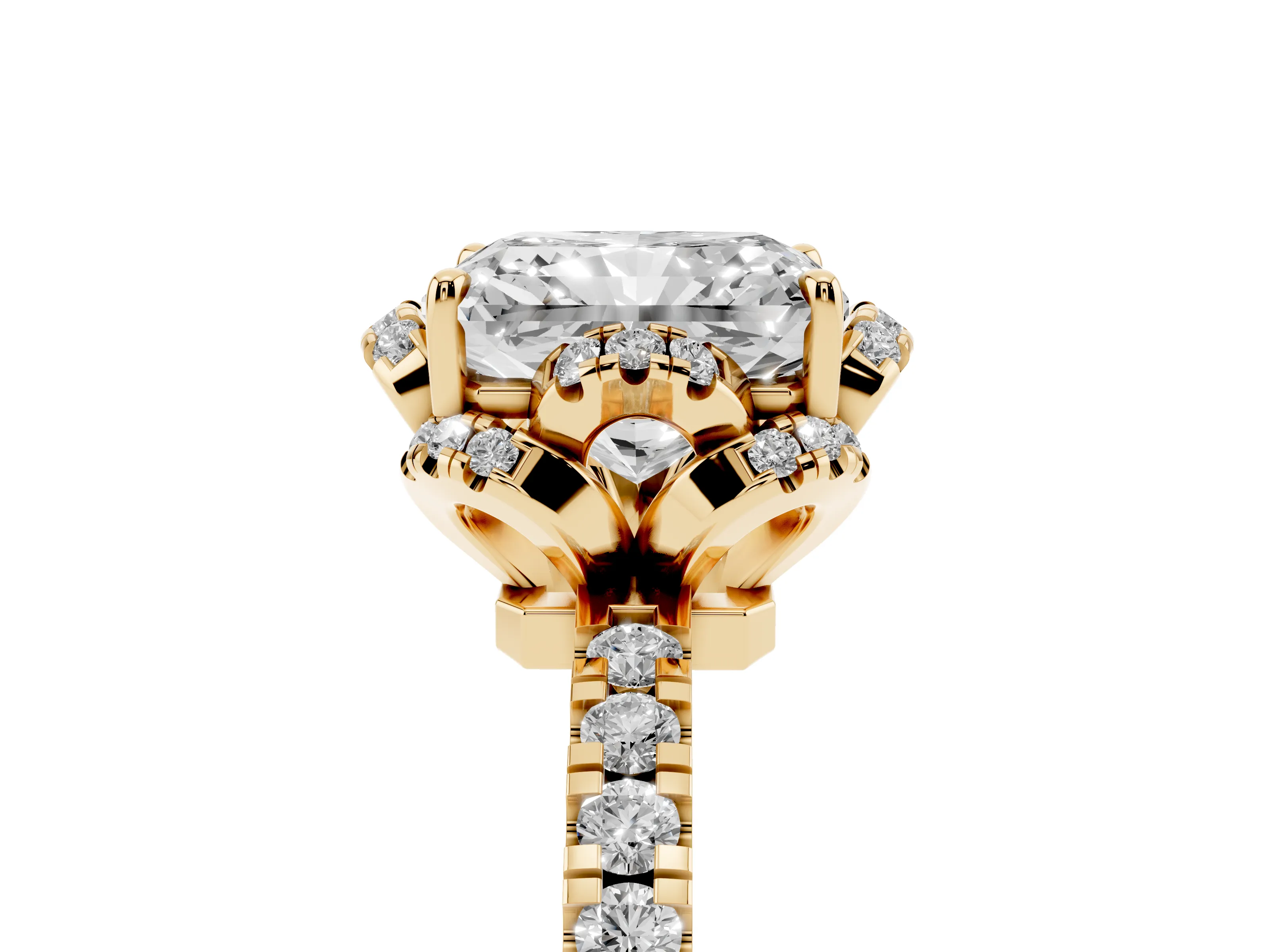 Radiant Cut Diamond Halo Pavé Band Ring Set in Yellow gold with Prong-Held Center