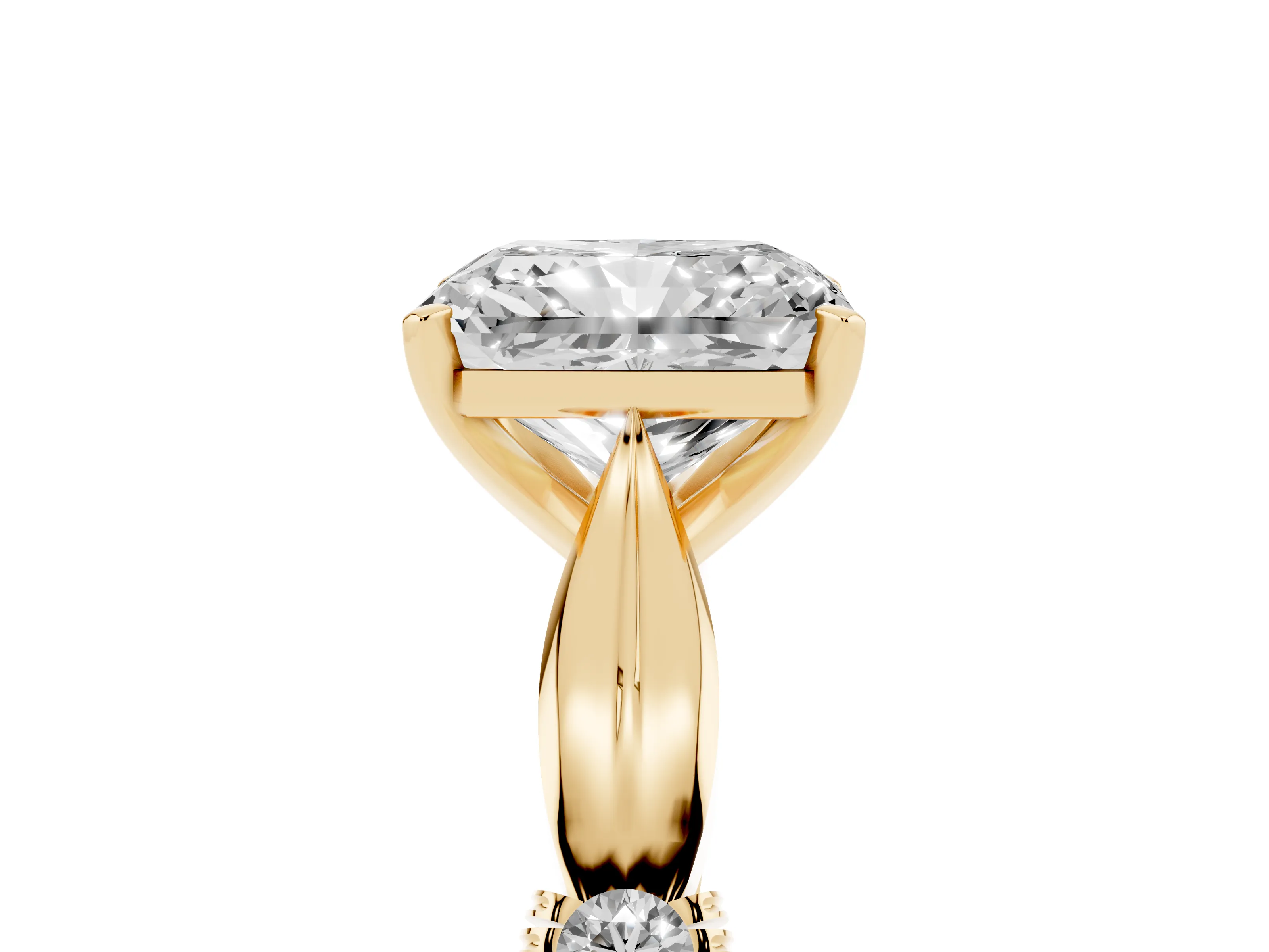 Radiant Cut Diamond Solitaire Twisted Band Ring Set in Yellow gold with Accent Stones and Prong Setting