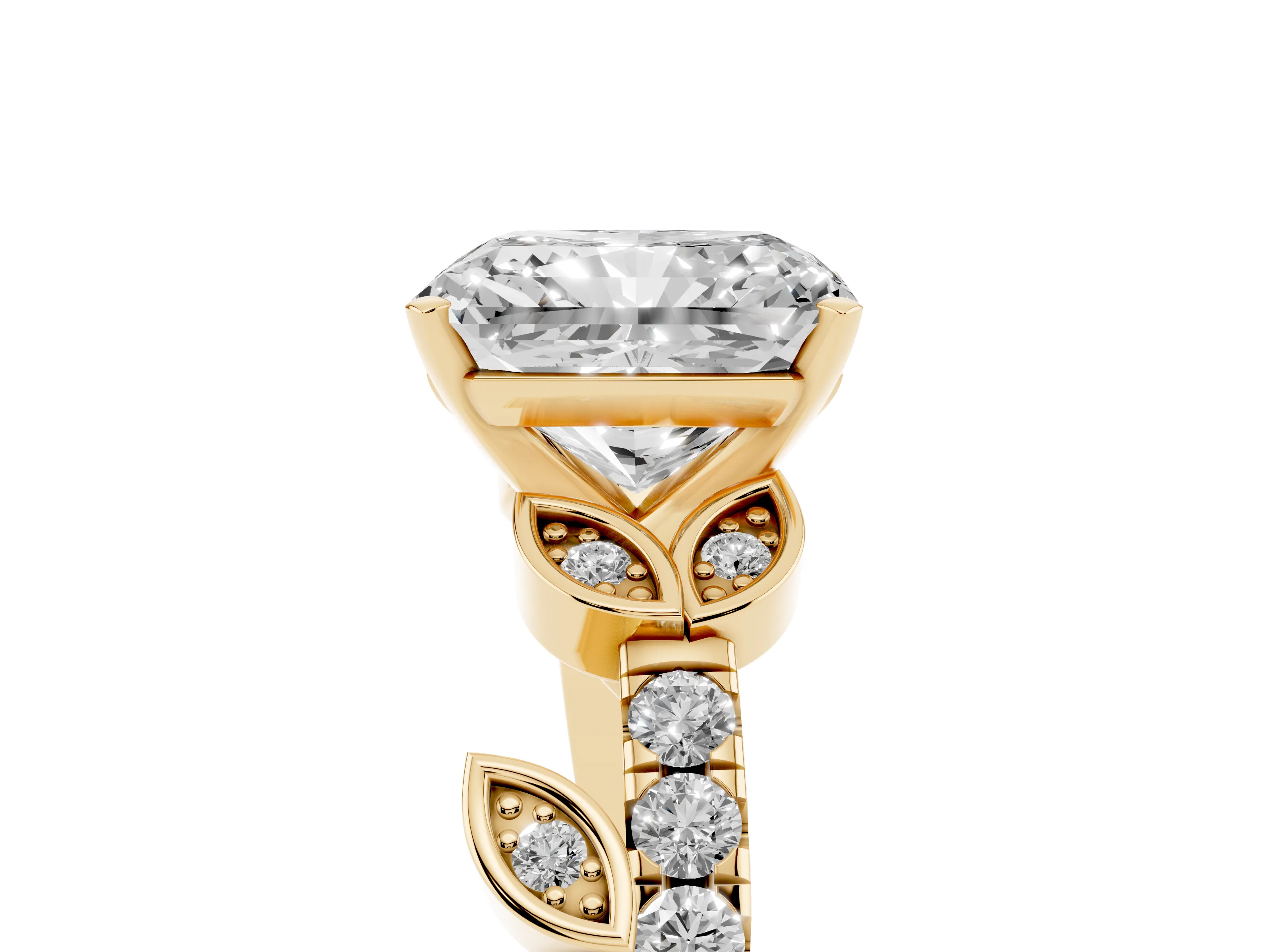 Radiant Cut Diamond Solitaire Leaf-Inspired Ring Set in Yellow gold with Pavé Band and Prong Setting