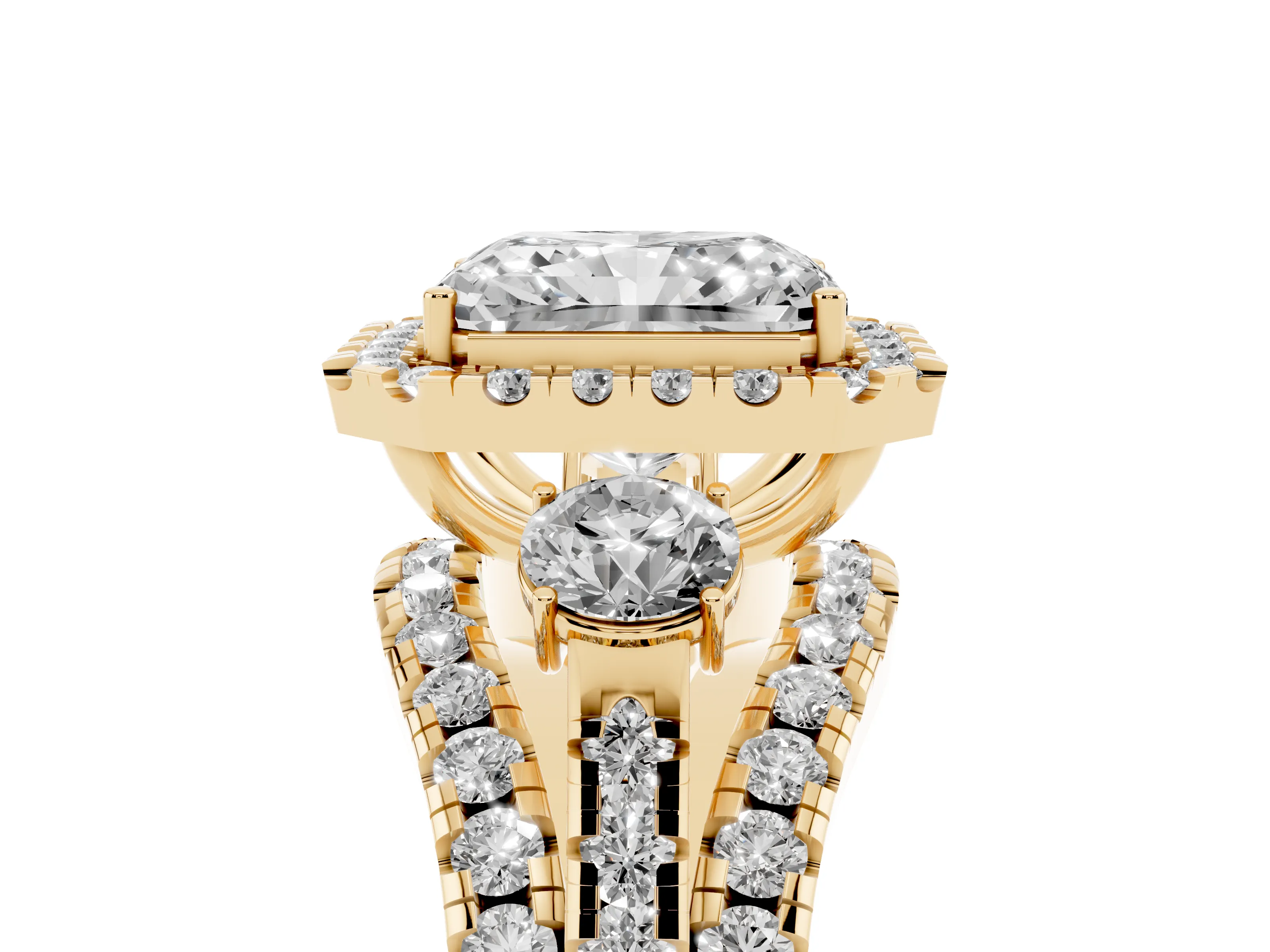 Radiant Cut Diamond Halo Split Shank Ring Set in Yellow gold with Round Accent Stones and Prong Setting