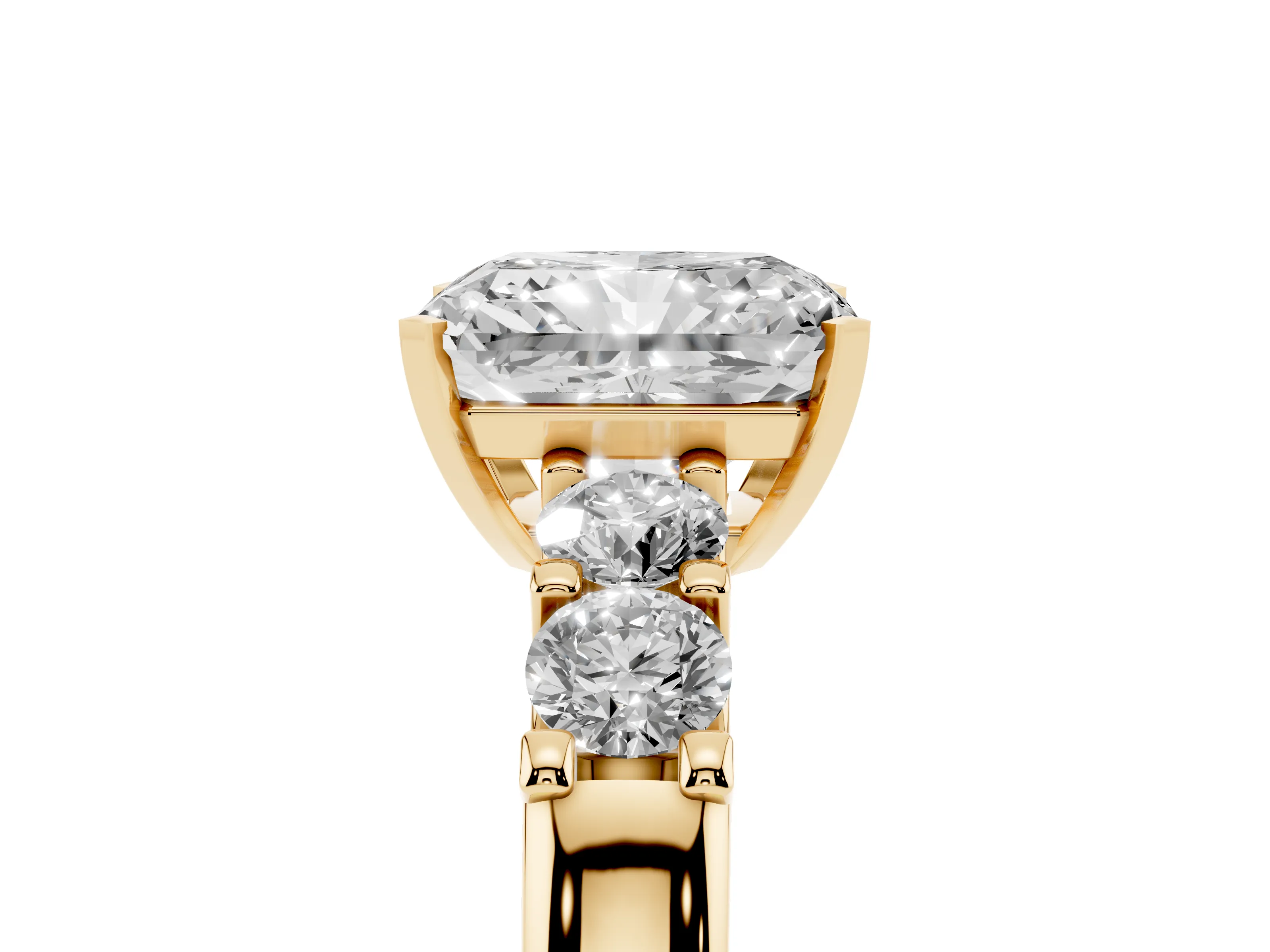 Radiant Cut Diamond Five-Stone Prong Set Engagement Ring Set in Yellow gold with Channel Band