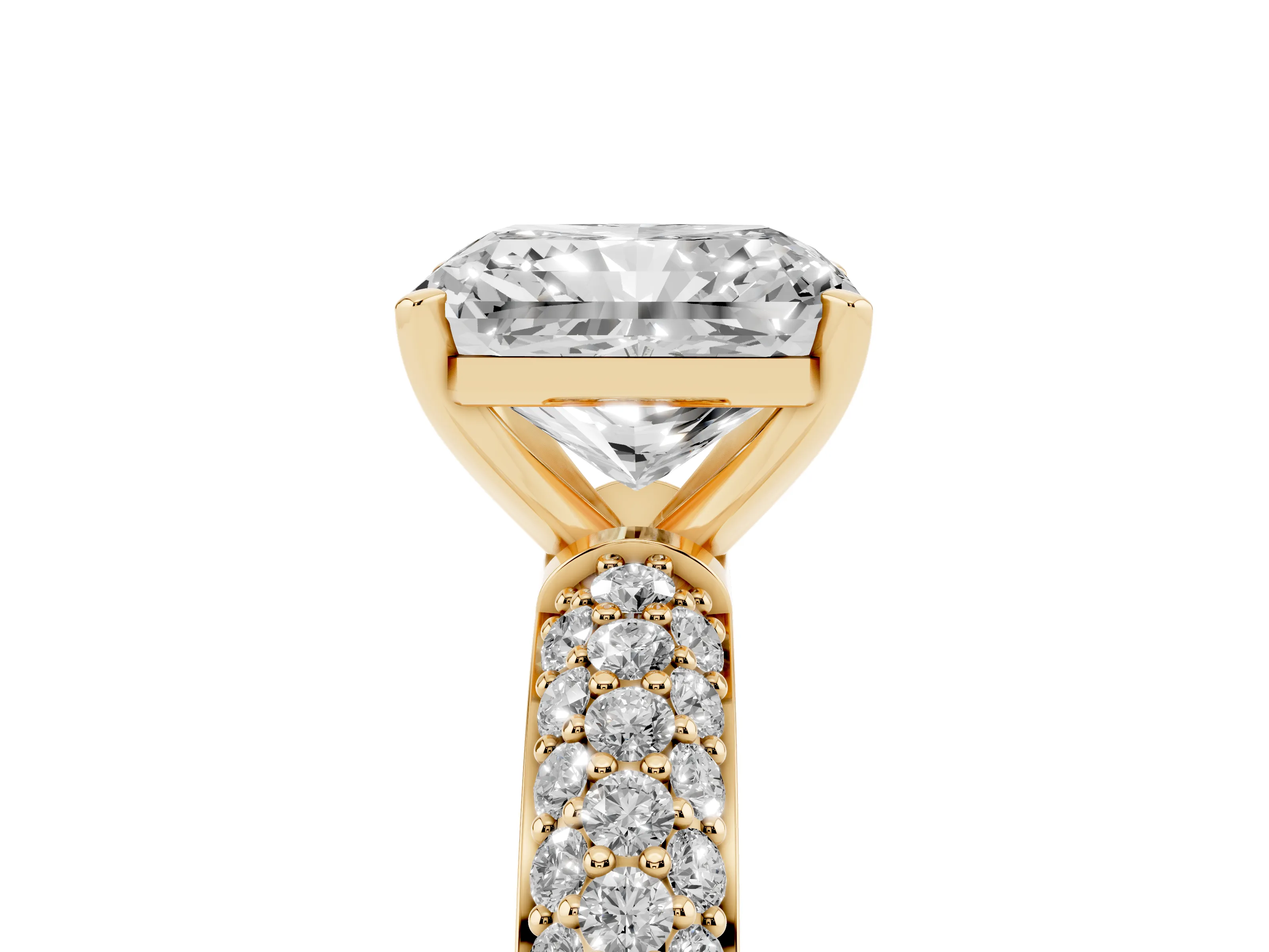 Radiant Cut Diamond Solitaire Ring Set in Yellow gold with Prong Setting and Pavé-Set Band