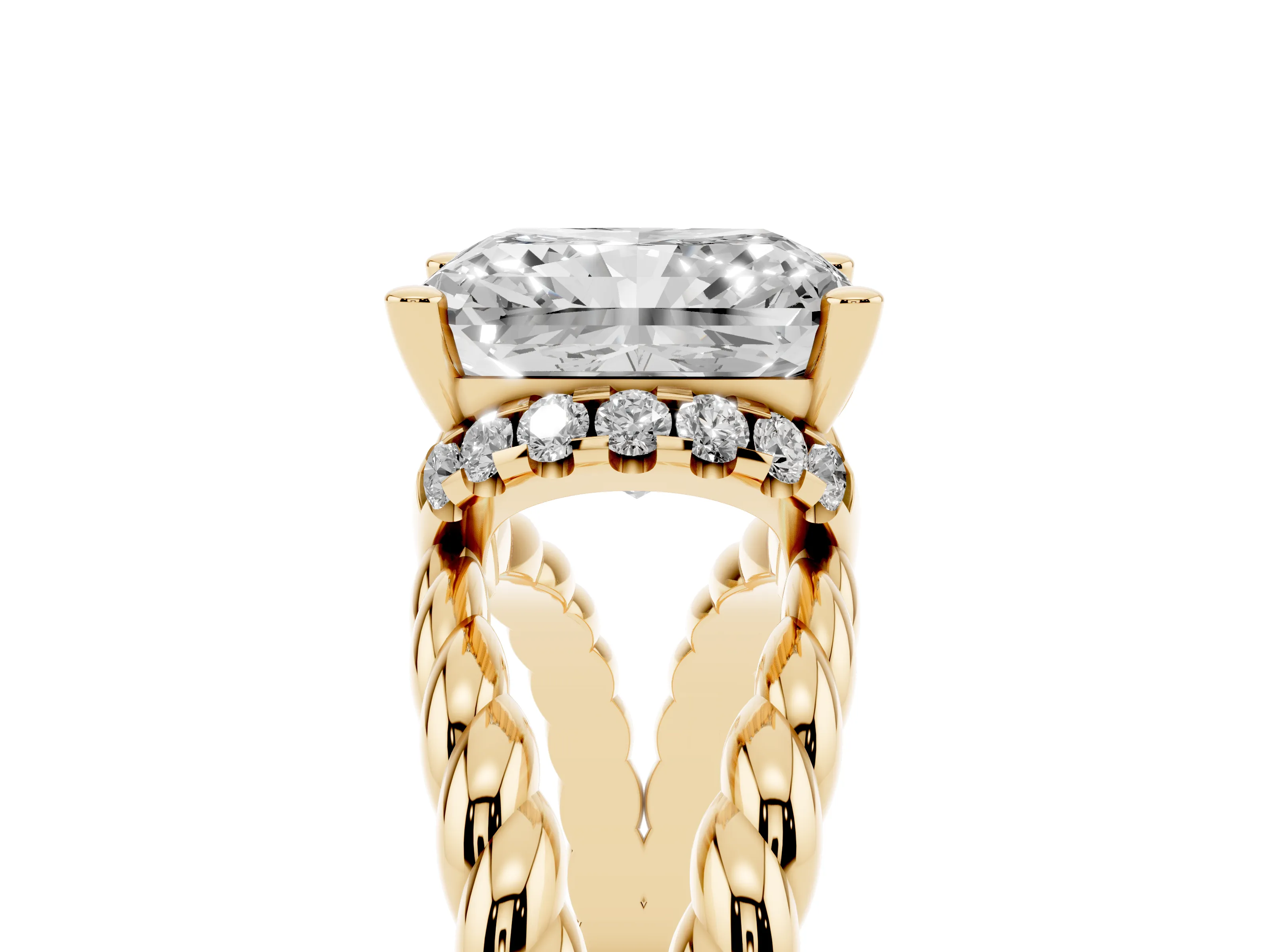 Radiant Cut Diamond Halo Ring Set in Yellow gold with Twisted Band and Prong Setting
