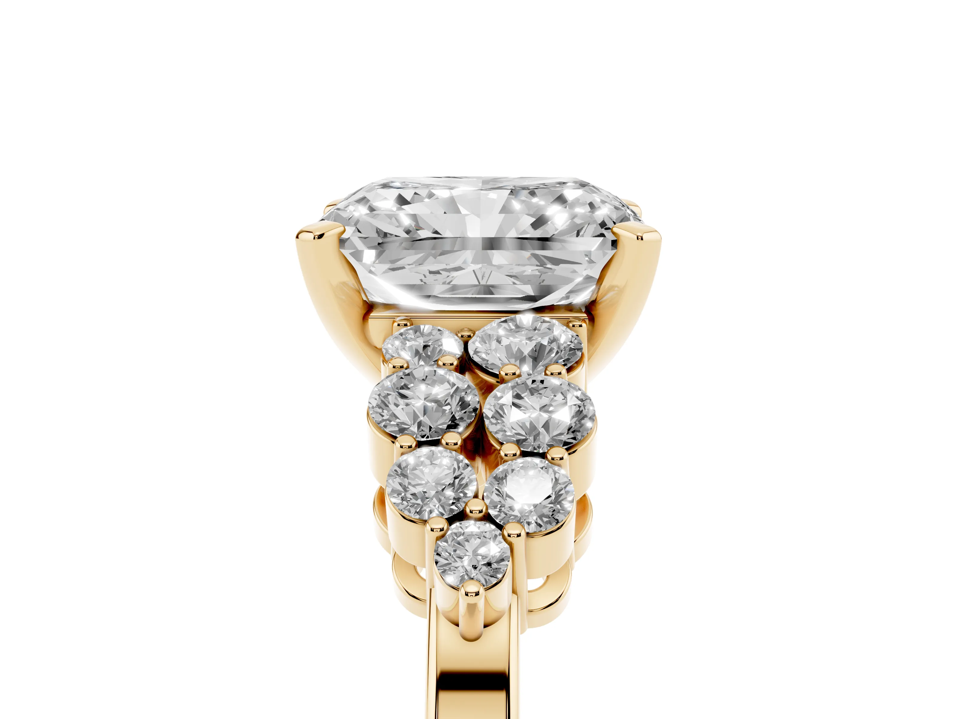 Radiant Cut Diamond Cluster Engagement Ring Set in Yellow gold with Pavé Band and Prong Setting