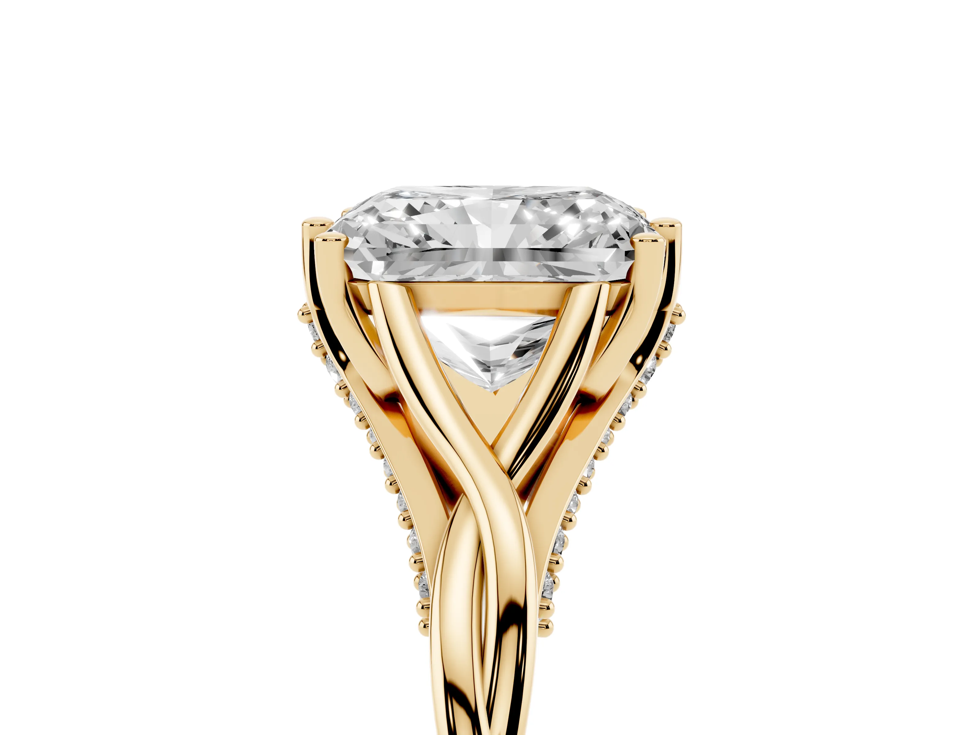 Radiant Cut Diamond Intertwined Twist Band Solitaire Ring Set in Yellow gold with Prong Setting