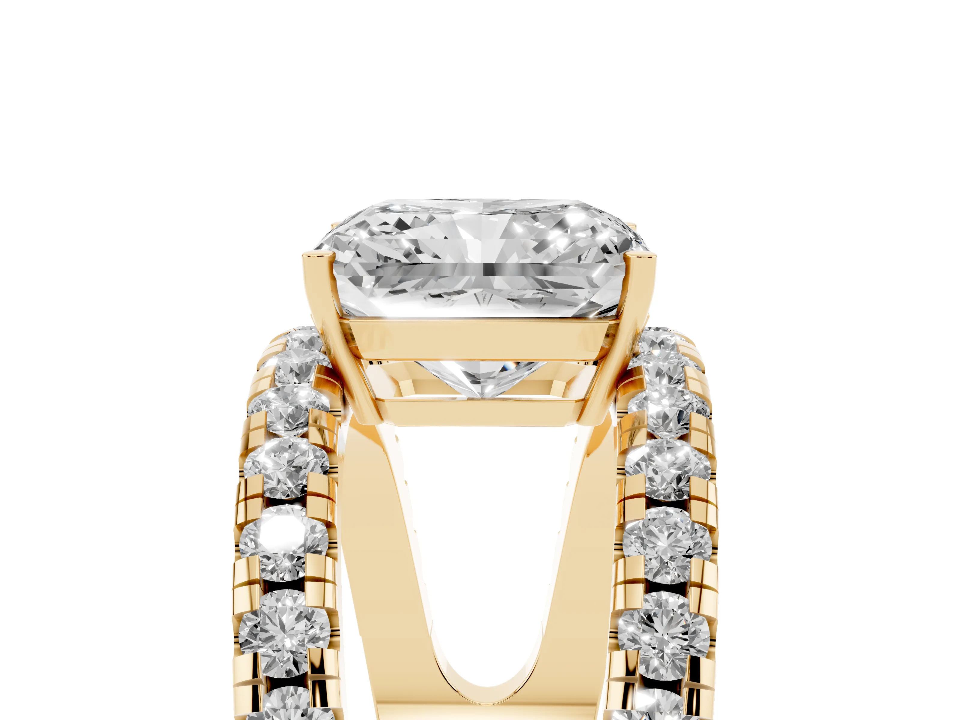 Radiant Cut Diamond Split Shank Pavé Solitaire Ring Set in Yellow gold with Open Shank Design