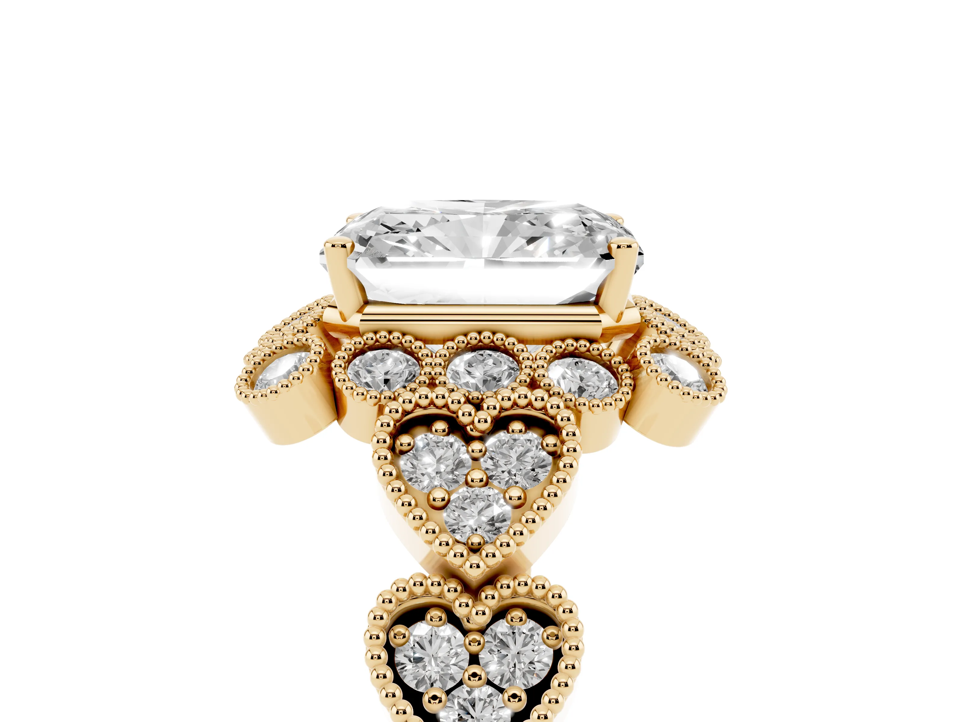 Radiant Cut Diamond Solitaire Ring Set in Yellow gold with Milgrain Pavé Heart Band