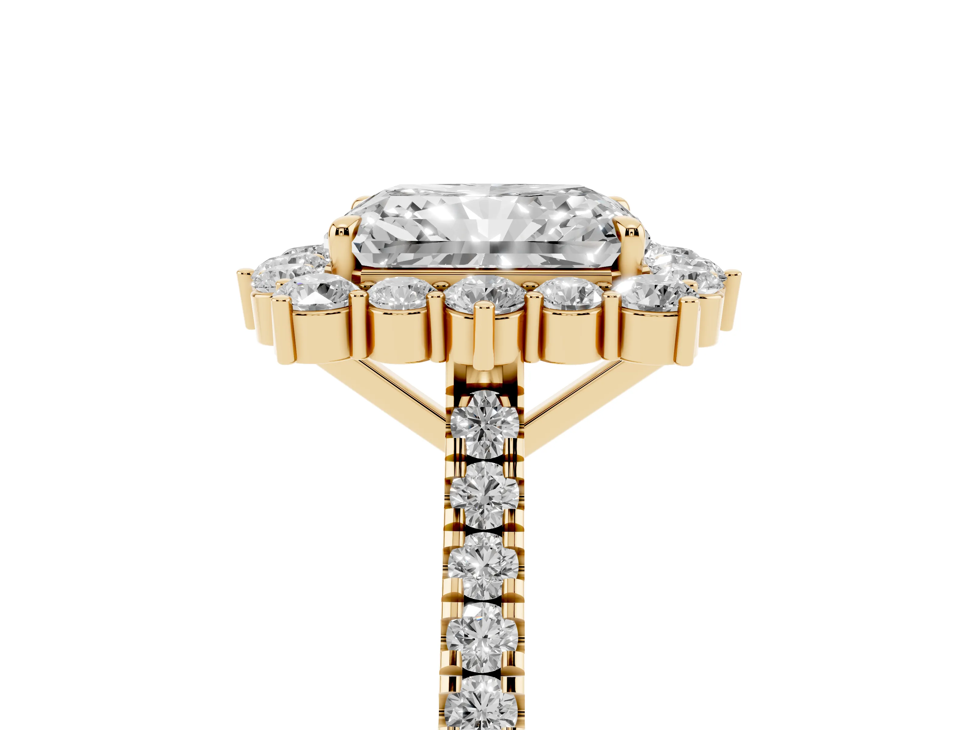 Radiant Cut Diamond Halo Ring Set in Yellow gold with Pavé Band and Prong Setting