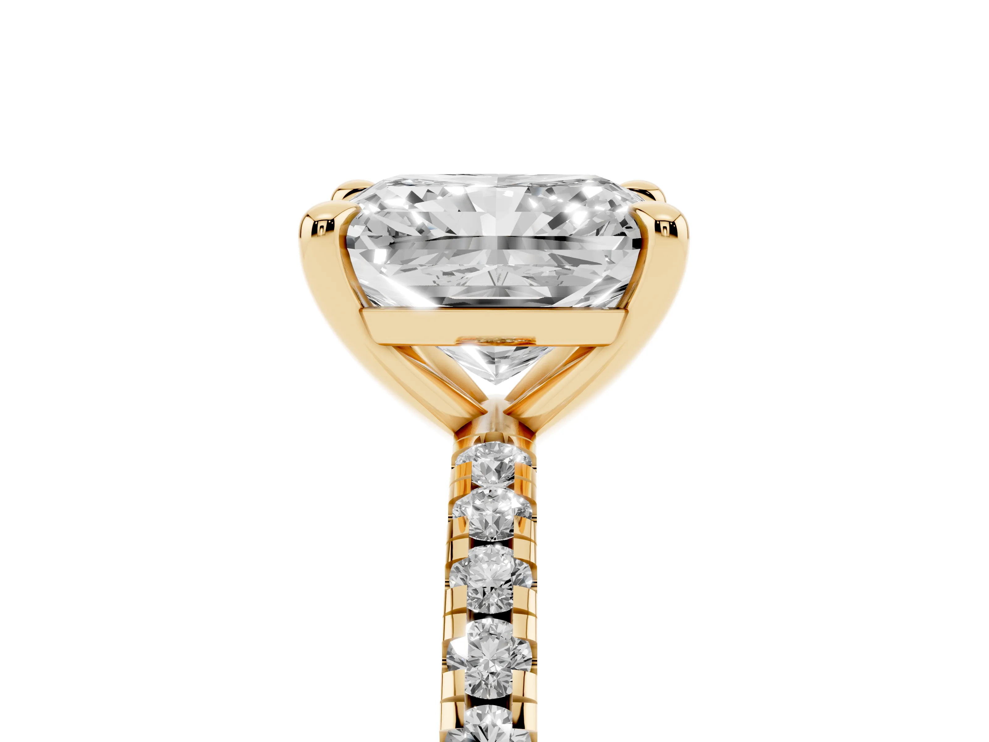 Radiant Cut Diamond Brilliant Solitaire Ring Set in Yellow gold with Pavé Band and Prong Setting