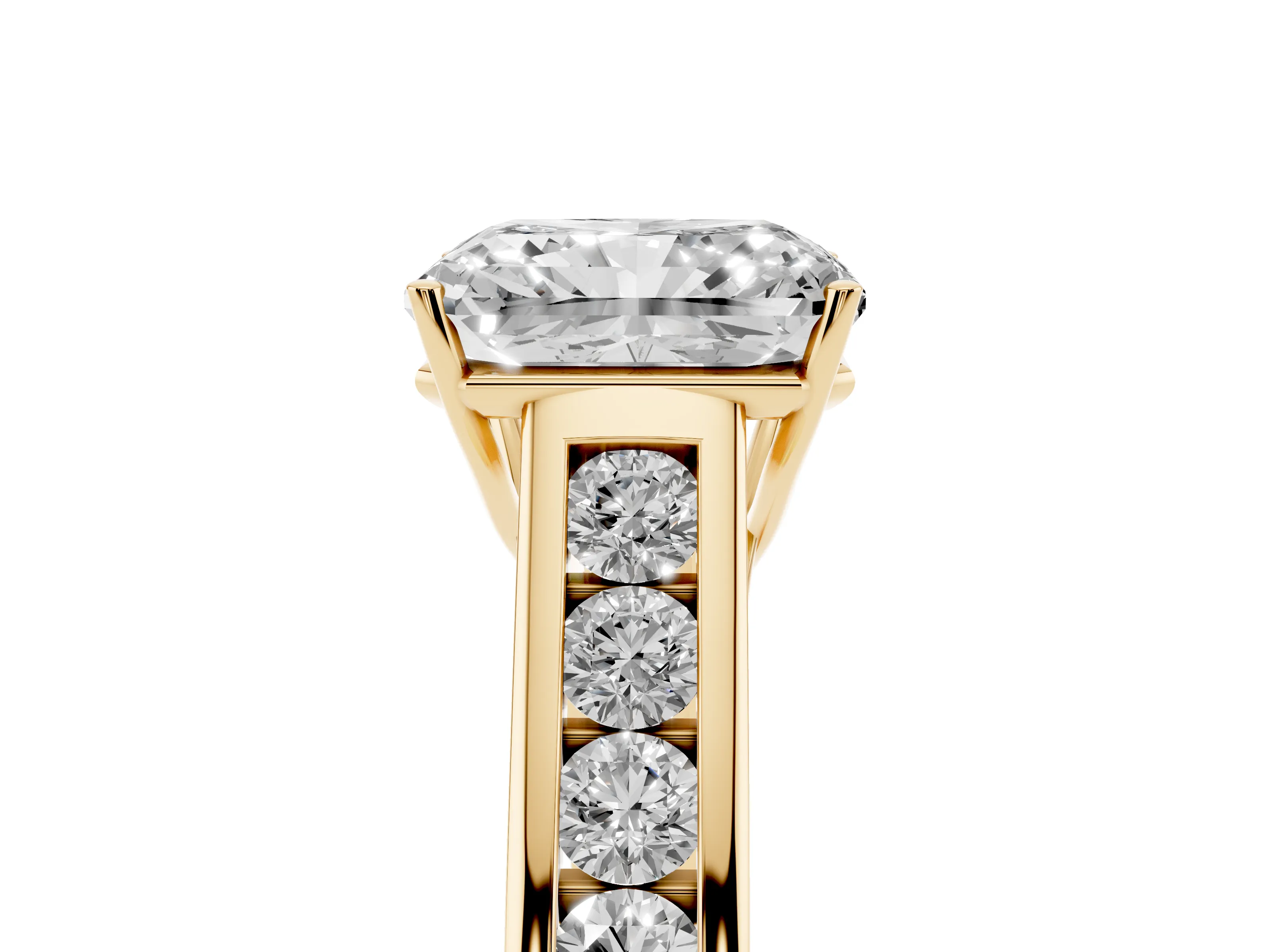 Radiant Cut Diamond Brilliant Channel-Set Solitaire Ring Set in Yellow gold with Prong Setting