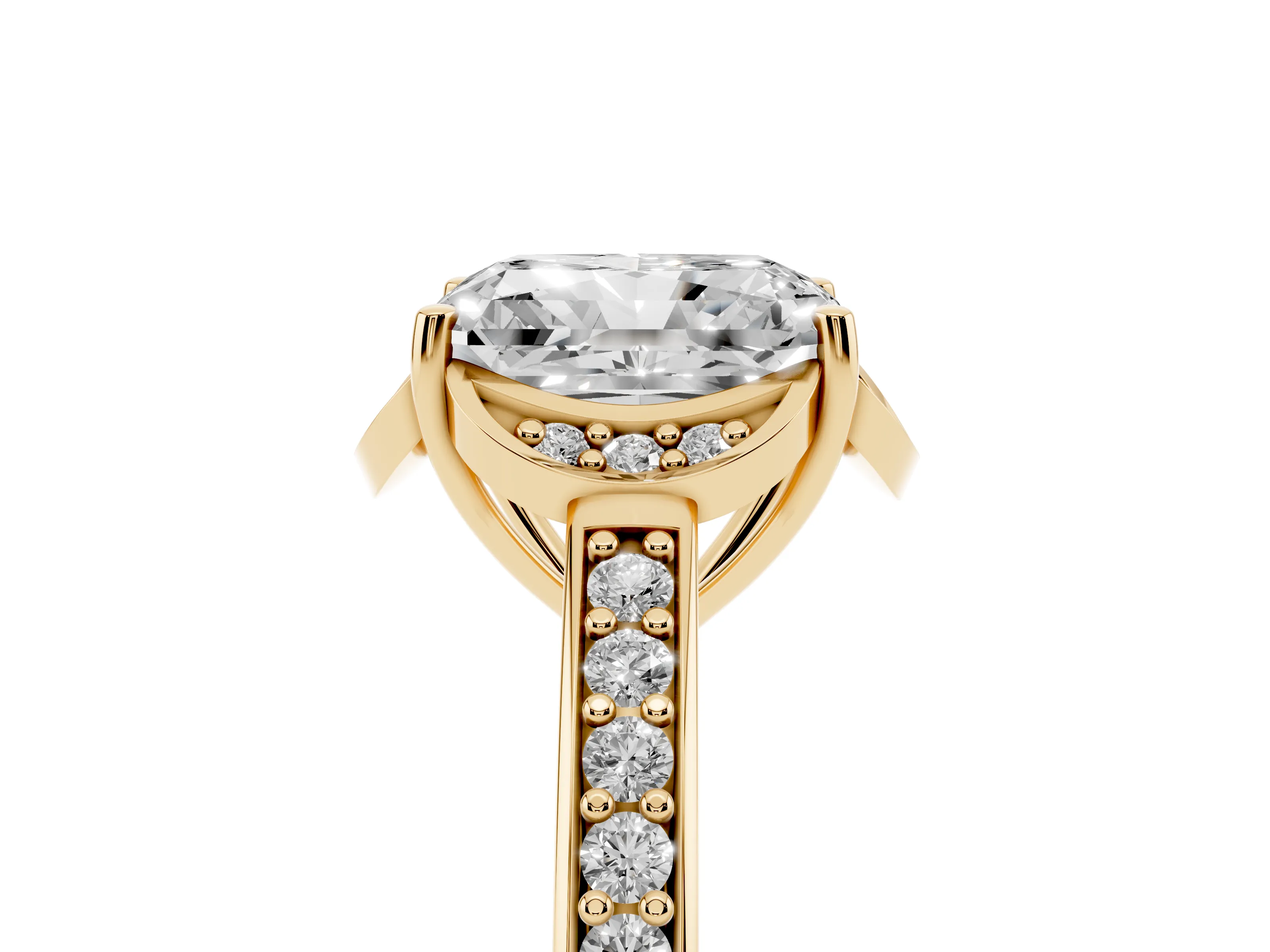 Radiant Cut Diamond Halo Ring Set in Yellow gold with Channel Set Band and Prong Setting