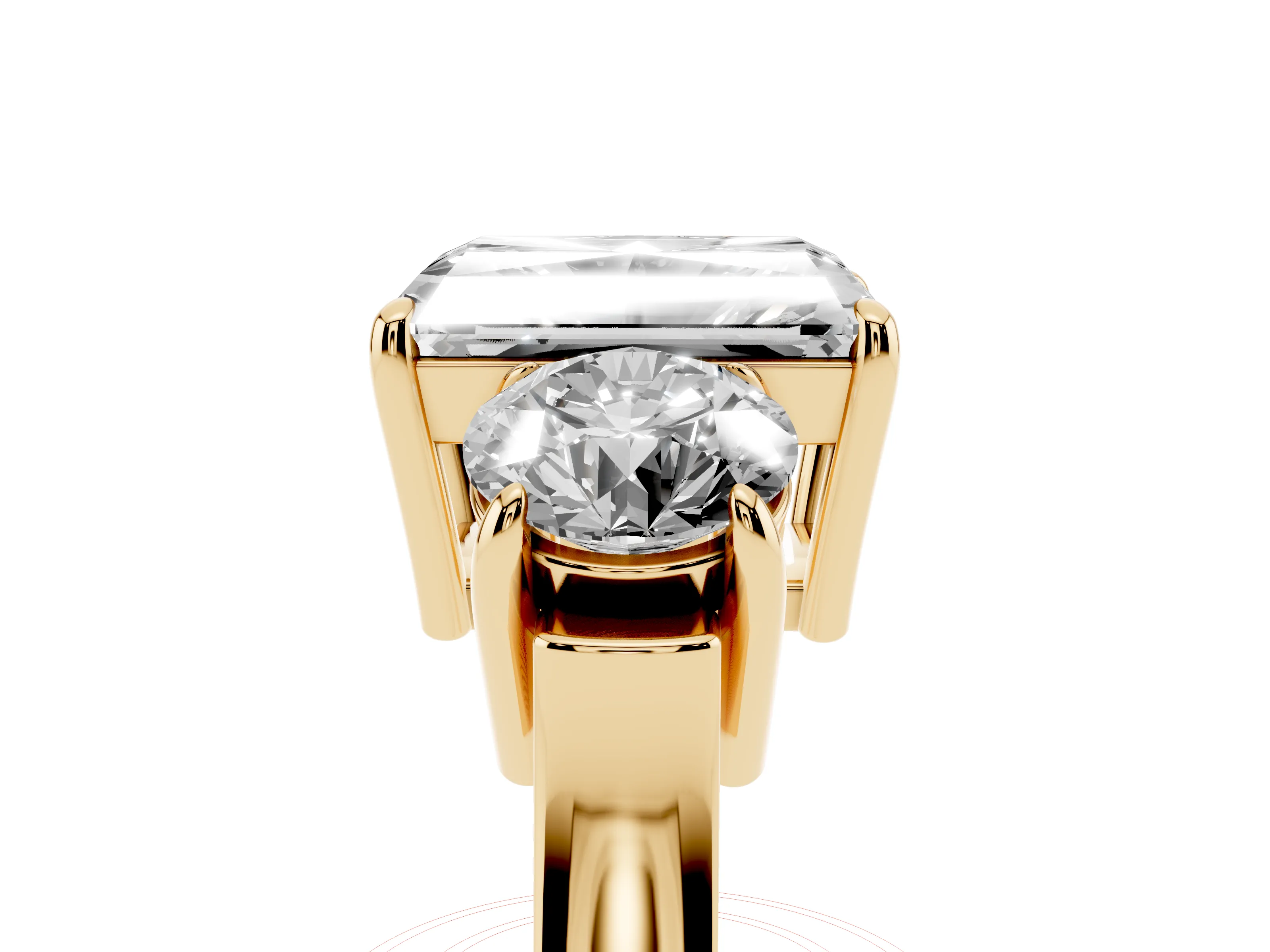 Radiant Cut Diamond Three-Stone Ring Set in Yellow gold with Round Accent Stones and Plain Band