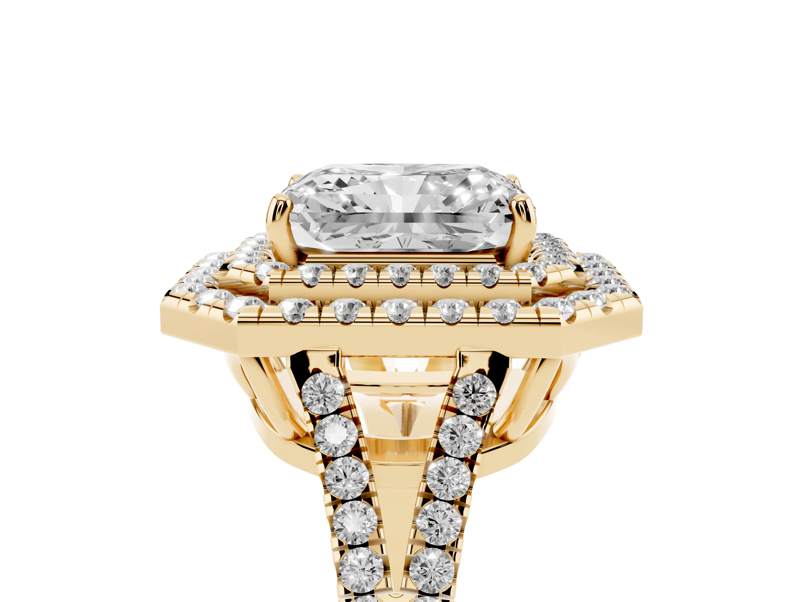 Radiant Cut Diamond Double Halo Ring Set in Yellow gold with Pavé Band