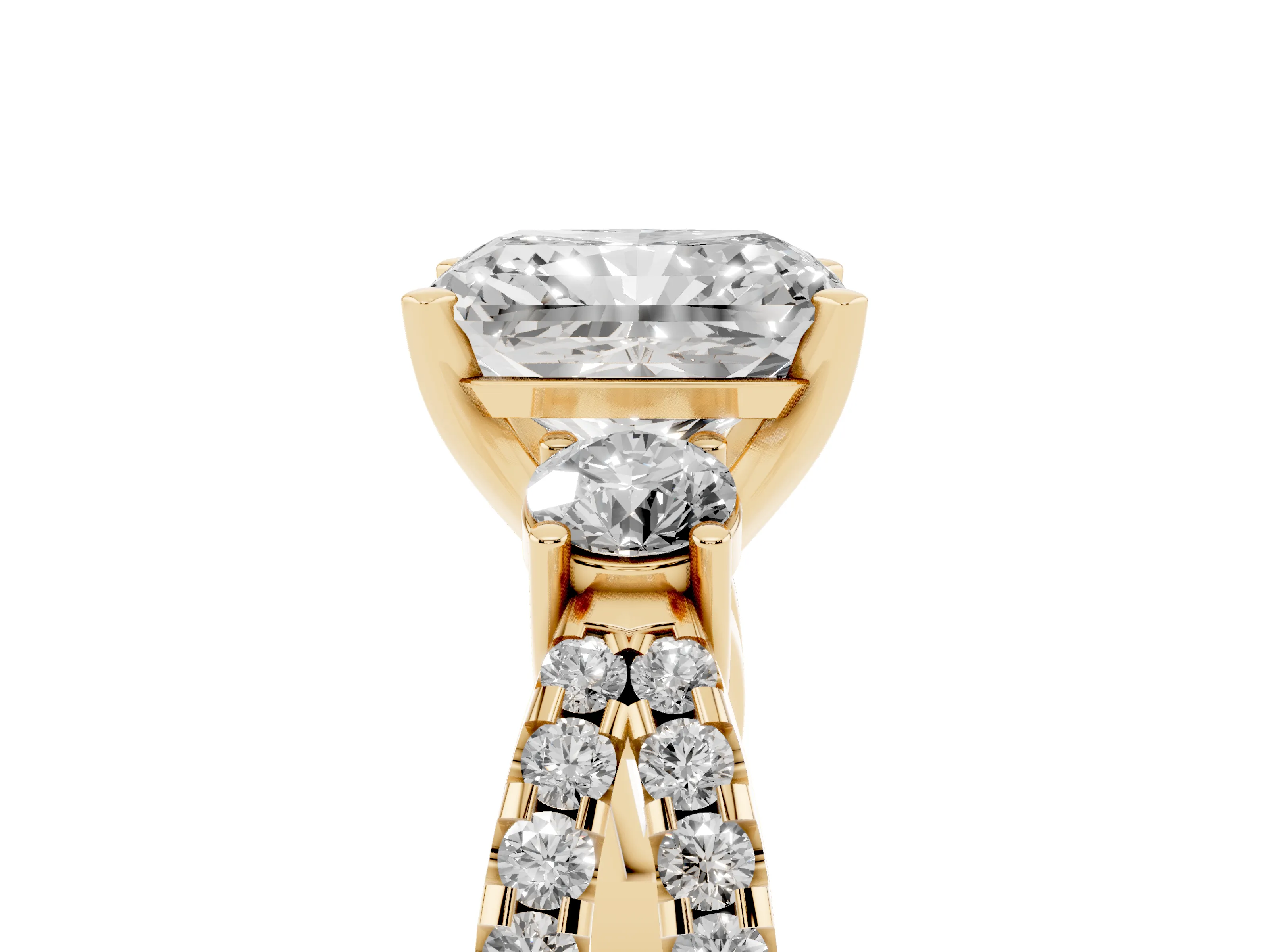 Radiant Cut Diamond Three-Stone Ring Set in Yellow gold with Pavé Split Shank and Prong Setting