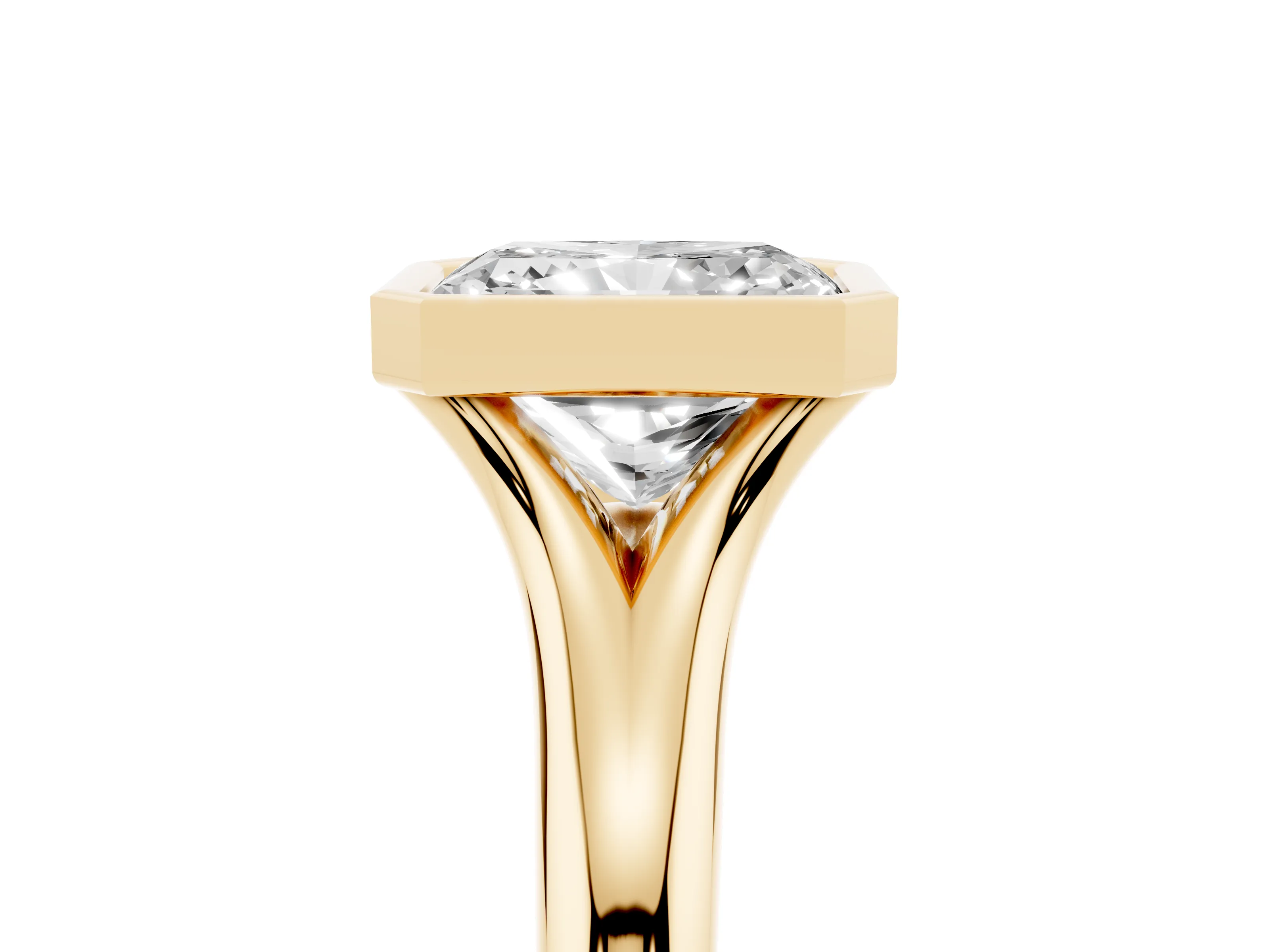 Bezel Set Radiant Cut Diamond Solitaire Ring Set in Yellow gold with Smooth Band