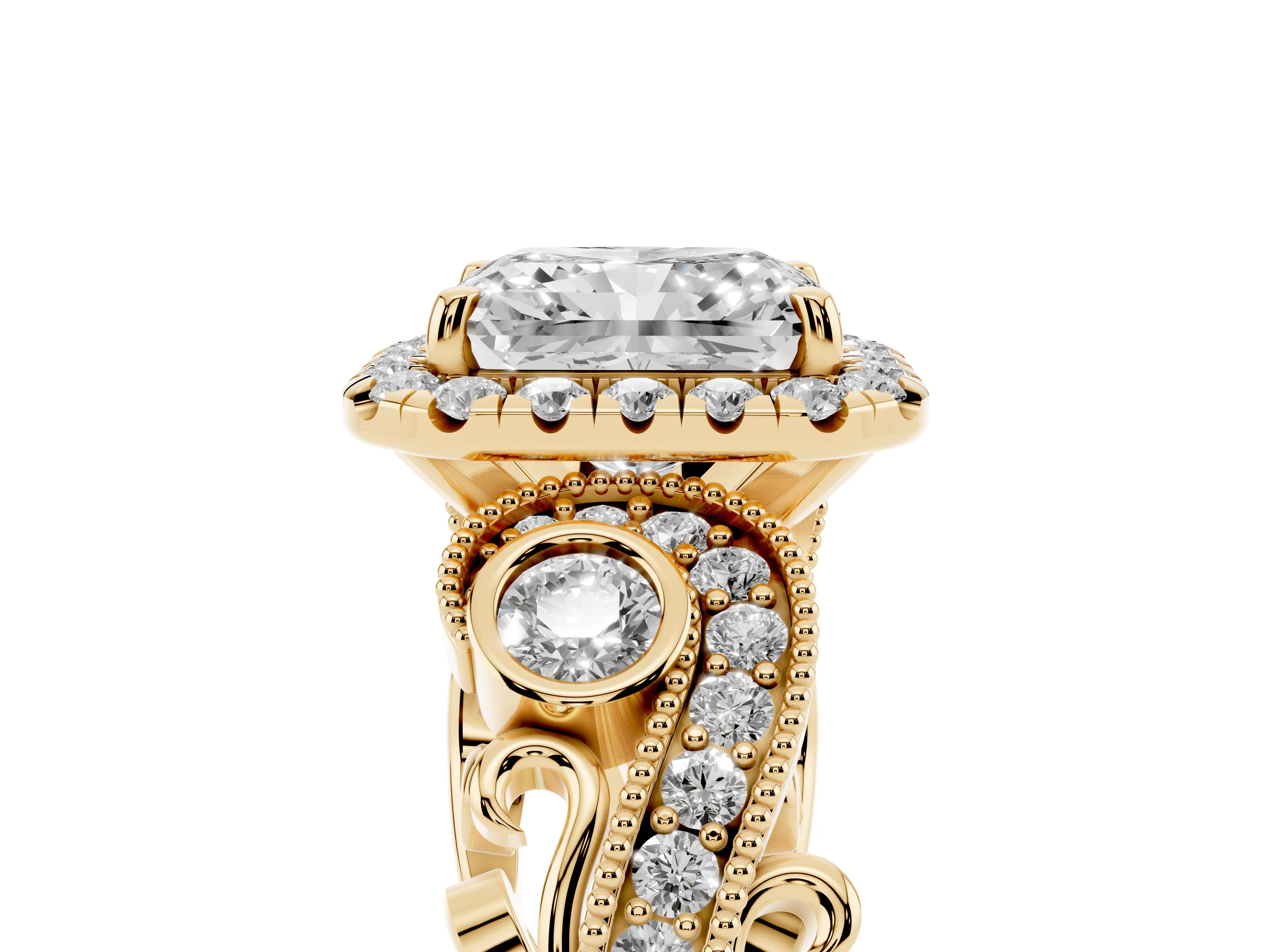 Radiant Cut Diamond Halo Ring Set in Yellow gold with Milgrain Pavé Band and Prong Setting