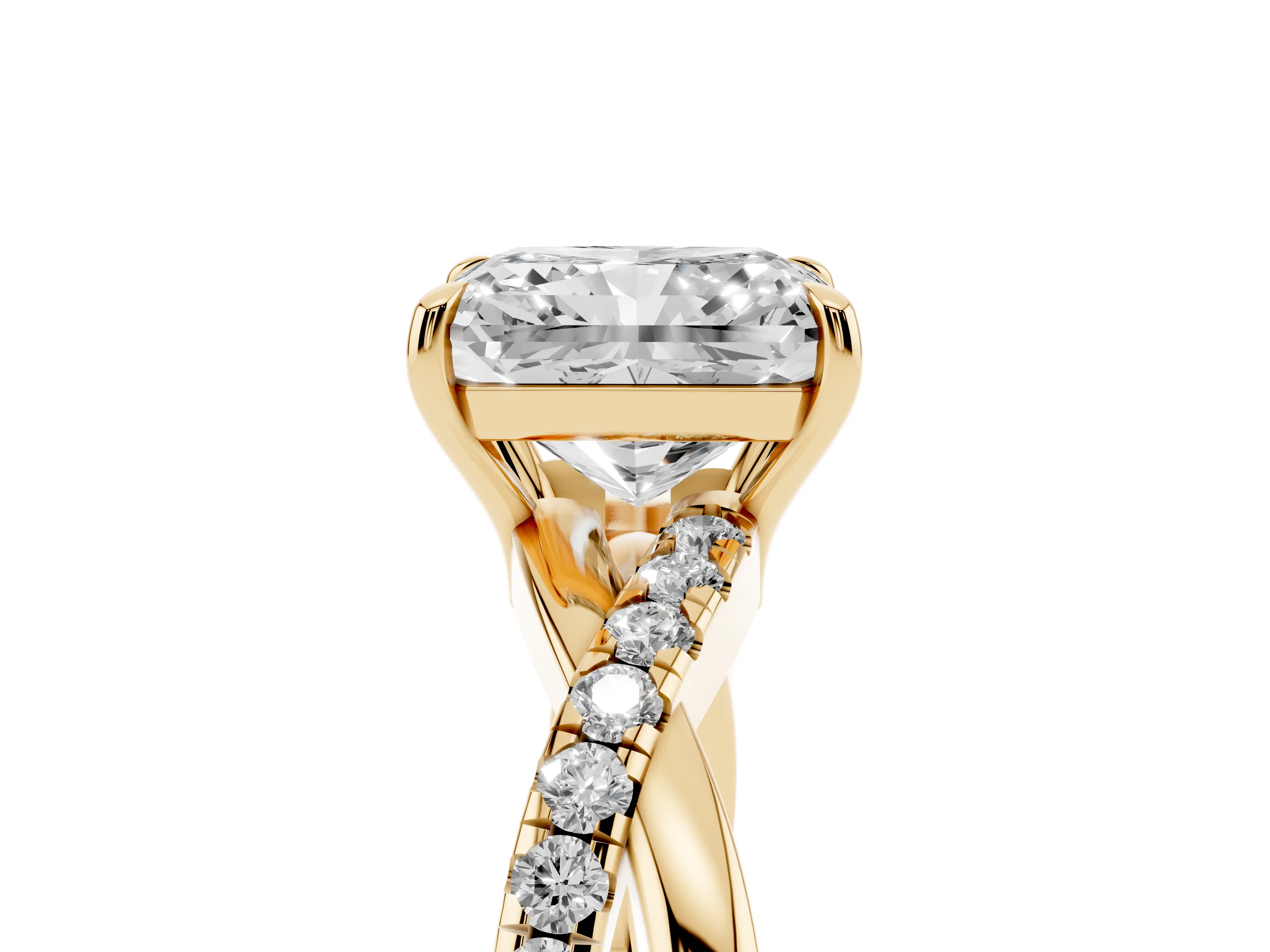 Radiant Cut Diamond Twisted Pavé Band Ring Set in Yellow gold with Prong Setting