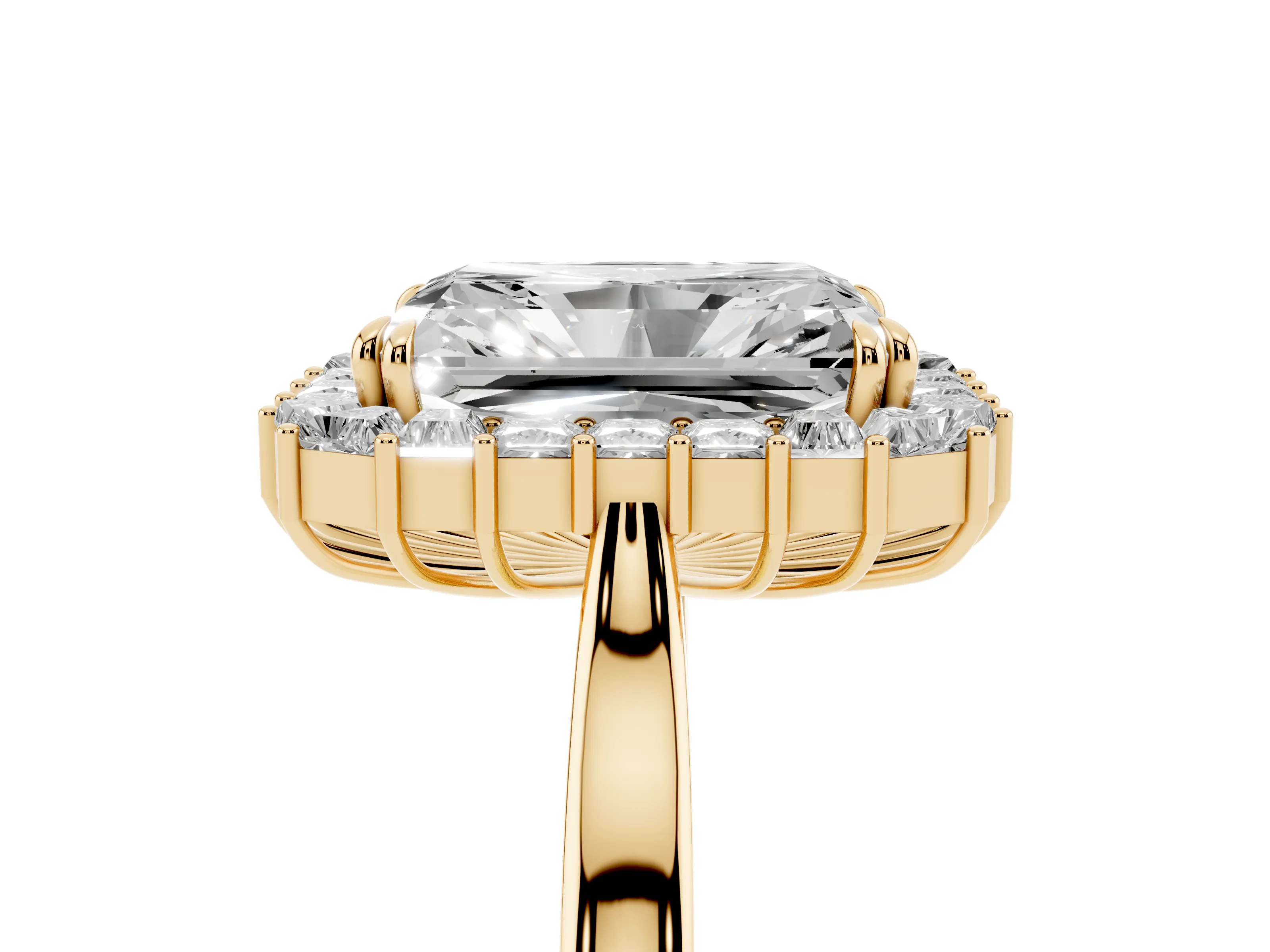 Radiant Diamond Baguette Halo Ring Set in Yellow gold with Round Accents and Slim Band