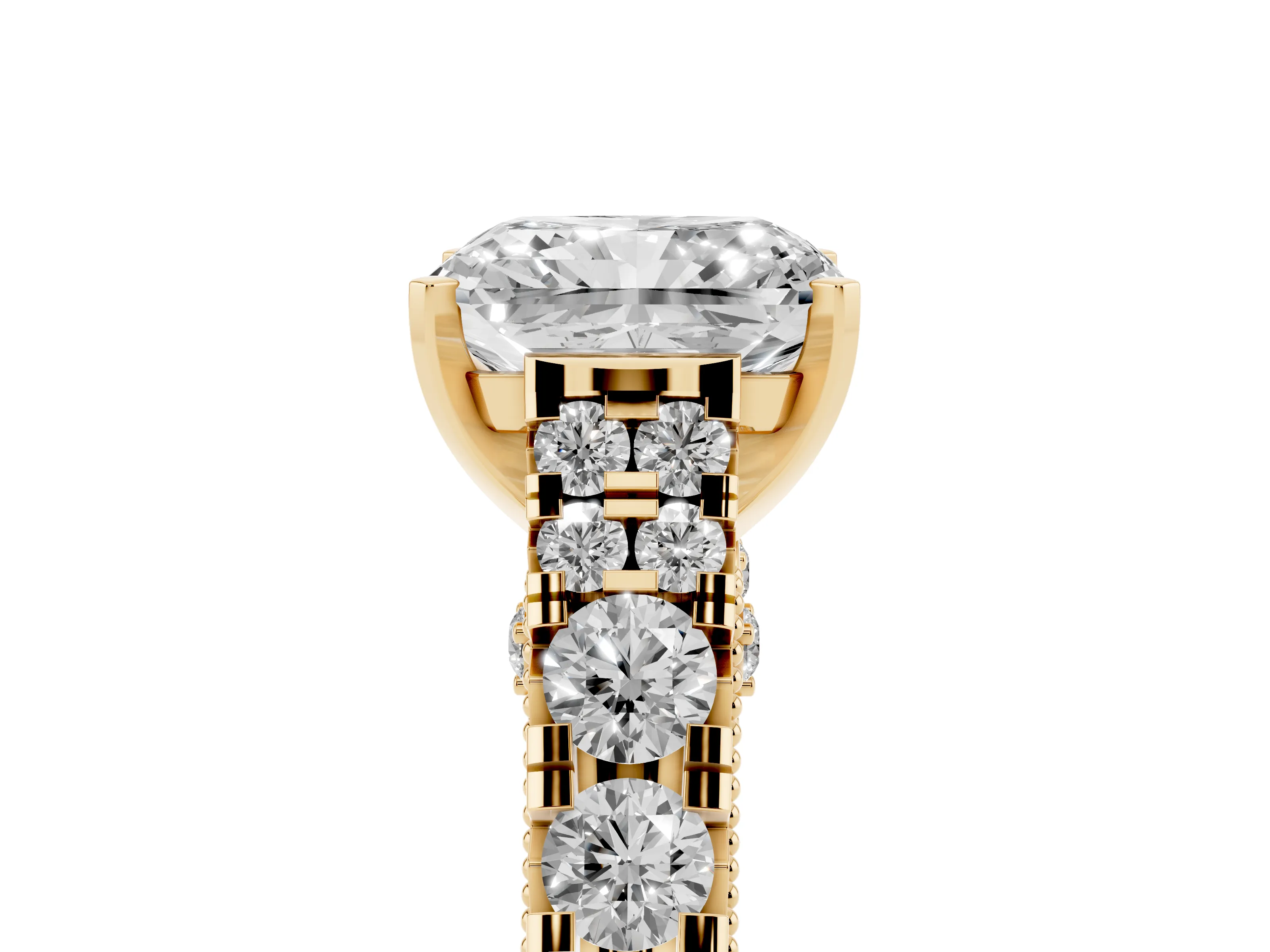 Radiant Cut Diamond Classic Solitaire Ring Set in Yellow gold with Pavé Band and Prong Setting