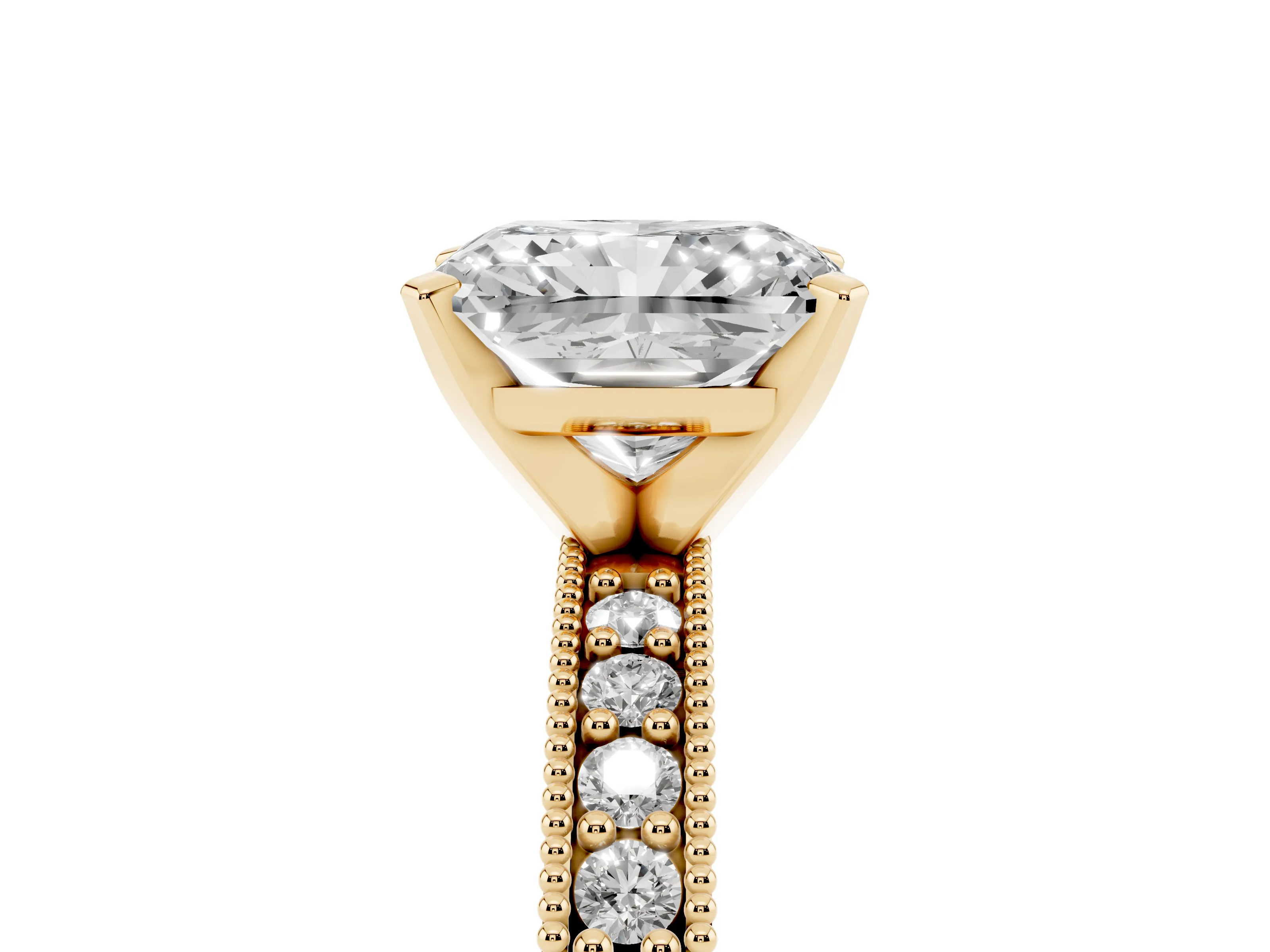 Radiant Cut Diamond Milgrain Pavé Engagement Ring Set in Yellow gold with Prong Setting