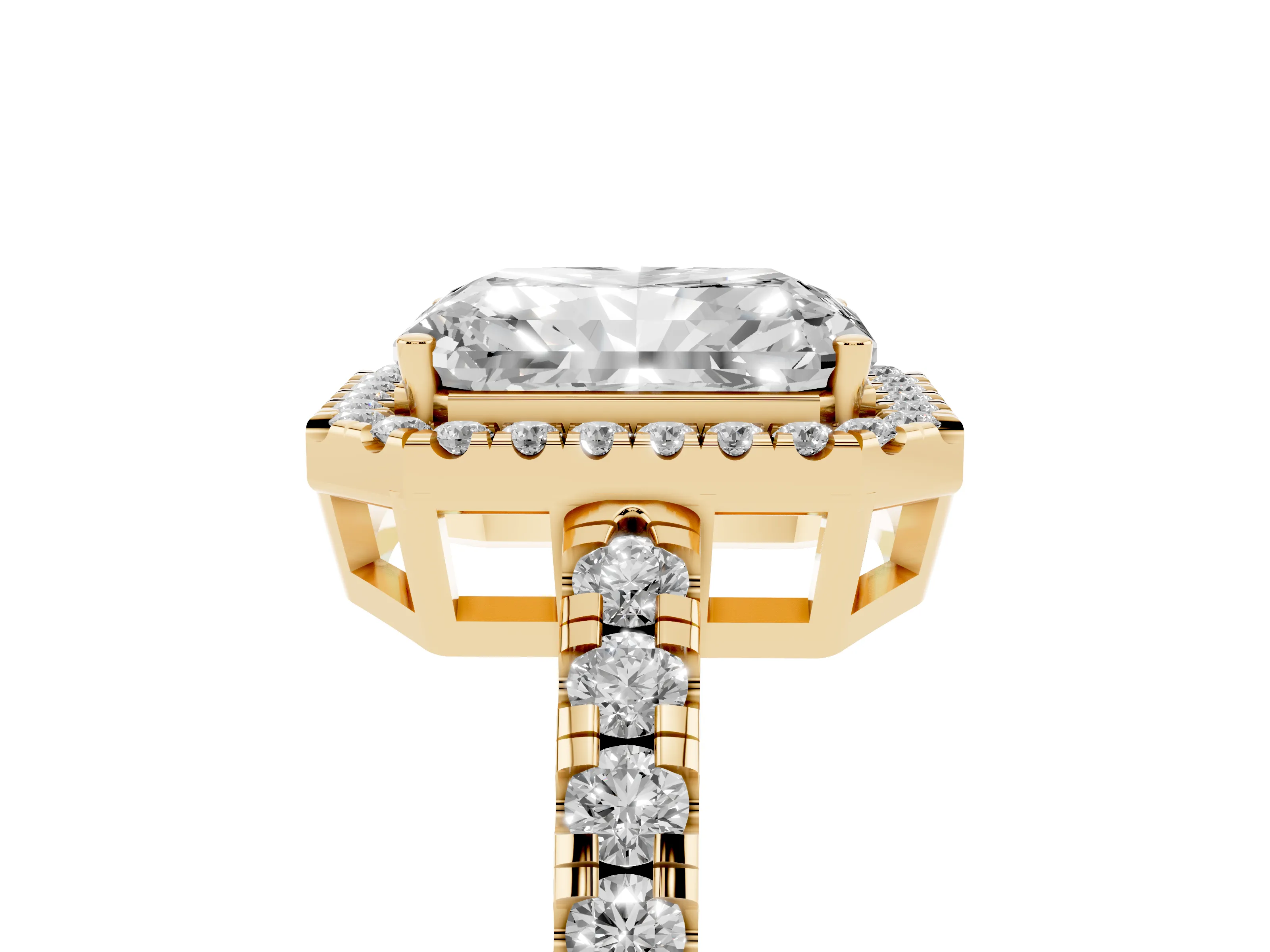 Radiant Cut Diamond Halo Ring Set in Yellow gold with Delicate Pavé Band and Prong Setting