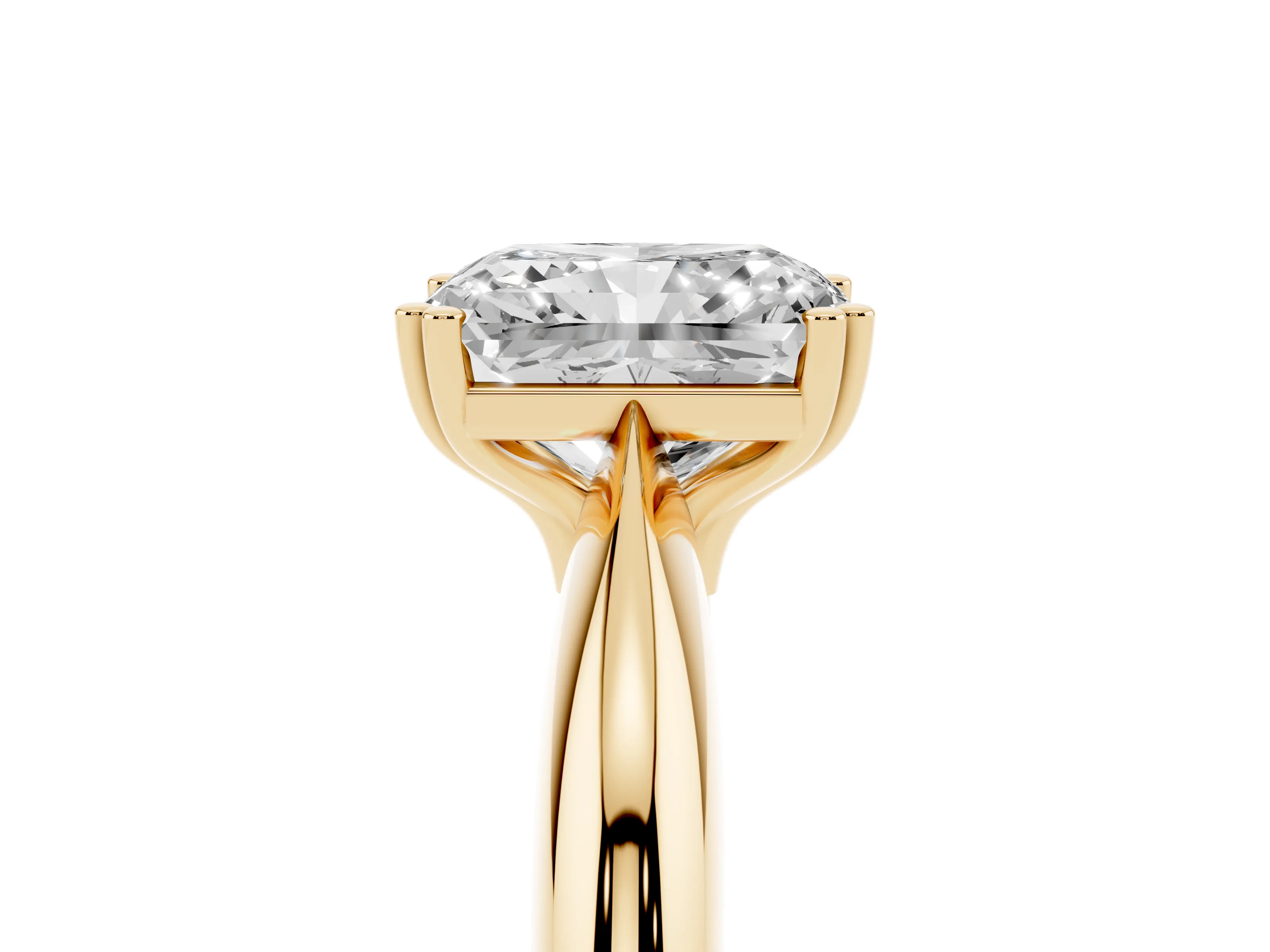 Radiant Cut Diamond Solitaire Engagement Ring Set in Yellow gold with Tapered Band and Prong Setting