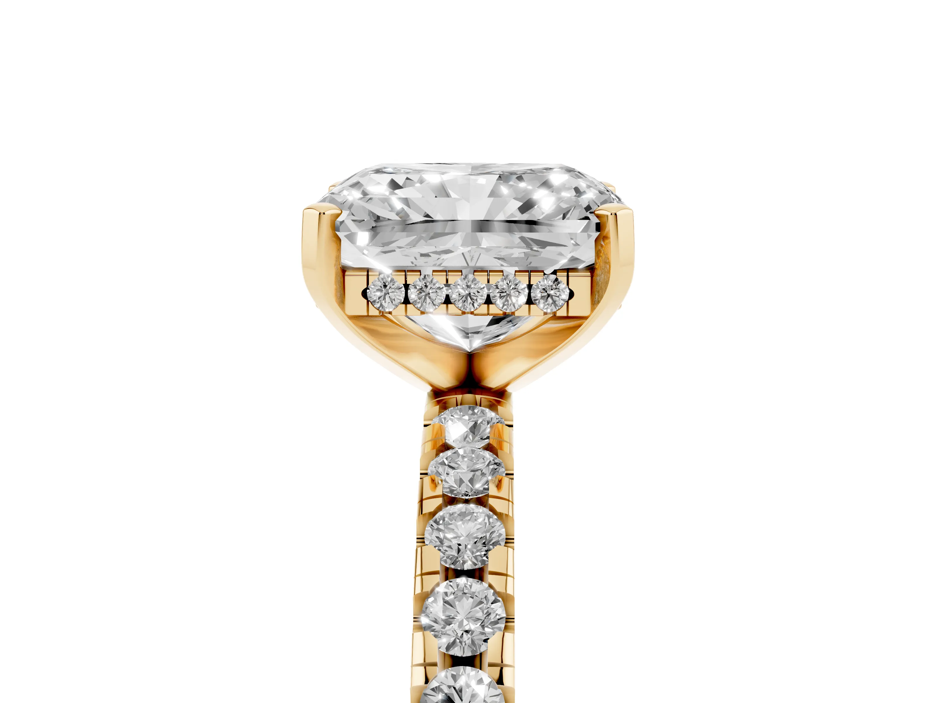 Radiant Cut Diamond Pavé Solitaire Ring Set in Yellow gold with Round Band Accents and Prong Setting