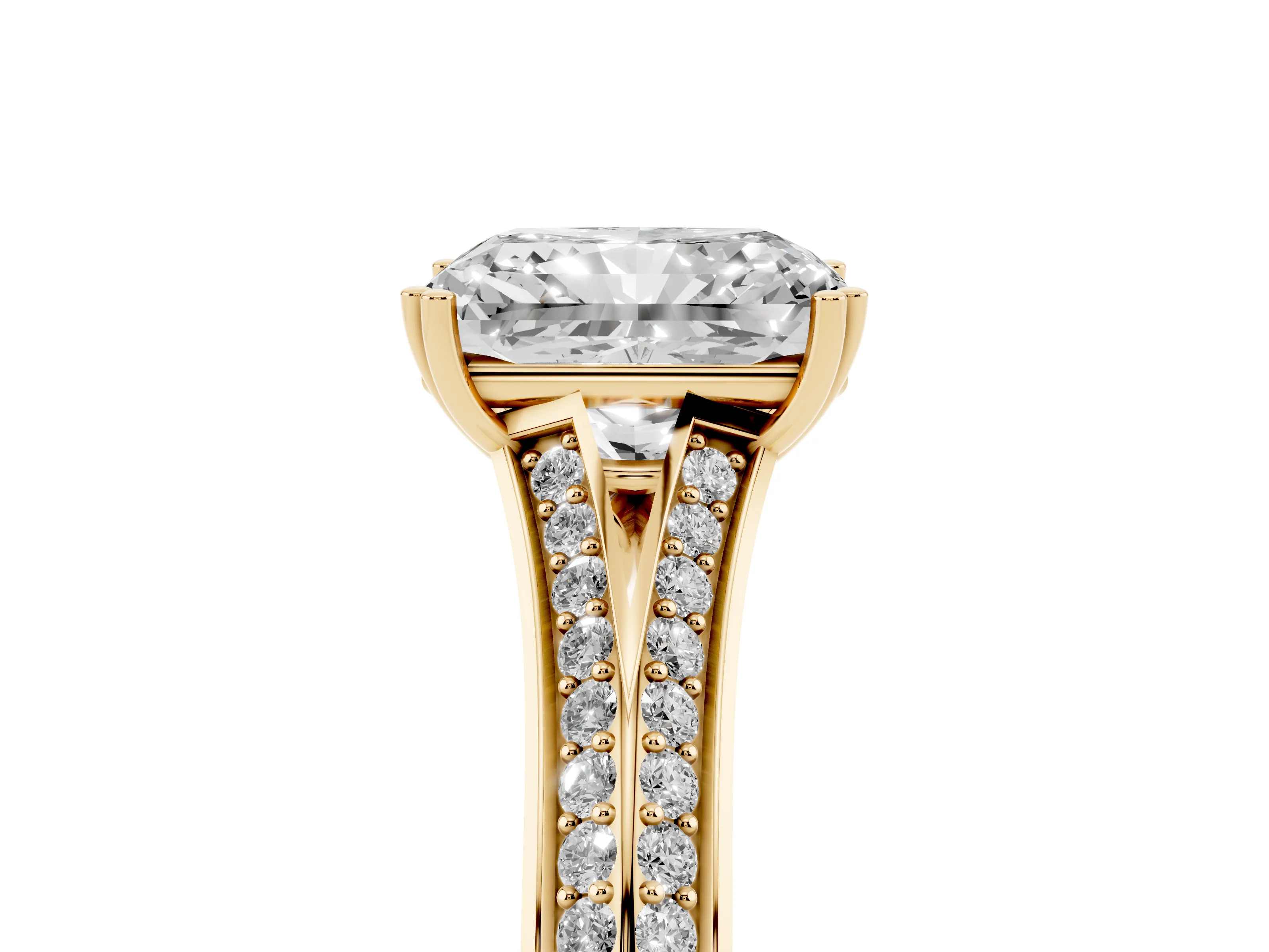 Radiant Cut Diamond Split Shank Pavé Engagement Ring Set in Yellow gold with Prong-Set Center Stone
