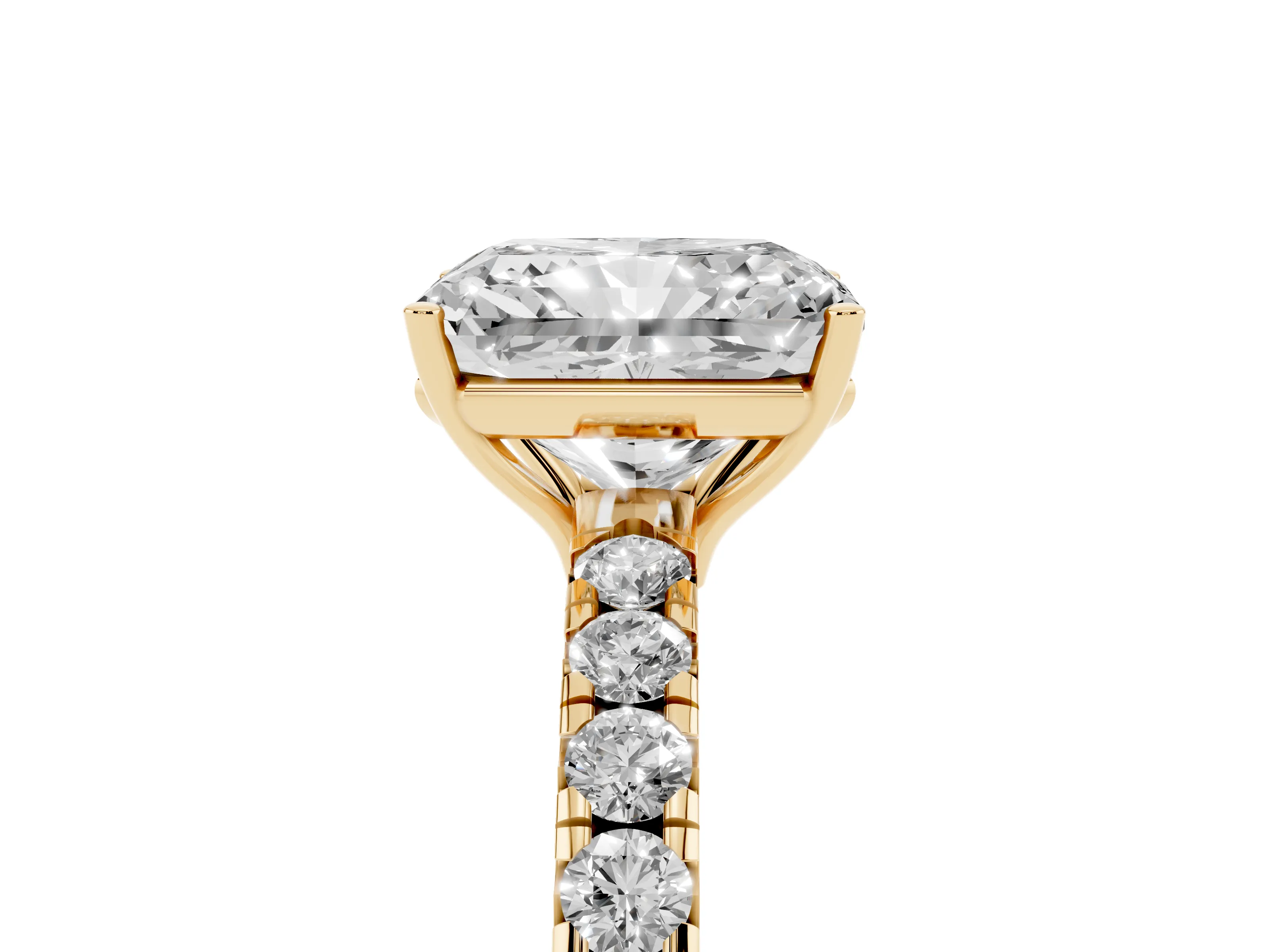 Radiant Cut Diamond Pavé Solitaire Engagement Ring Set in Yellow gold with Prong Setting