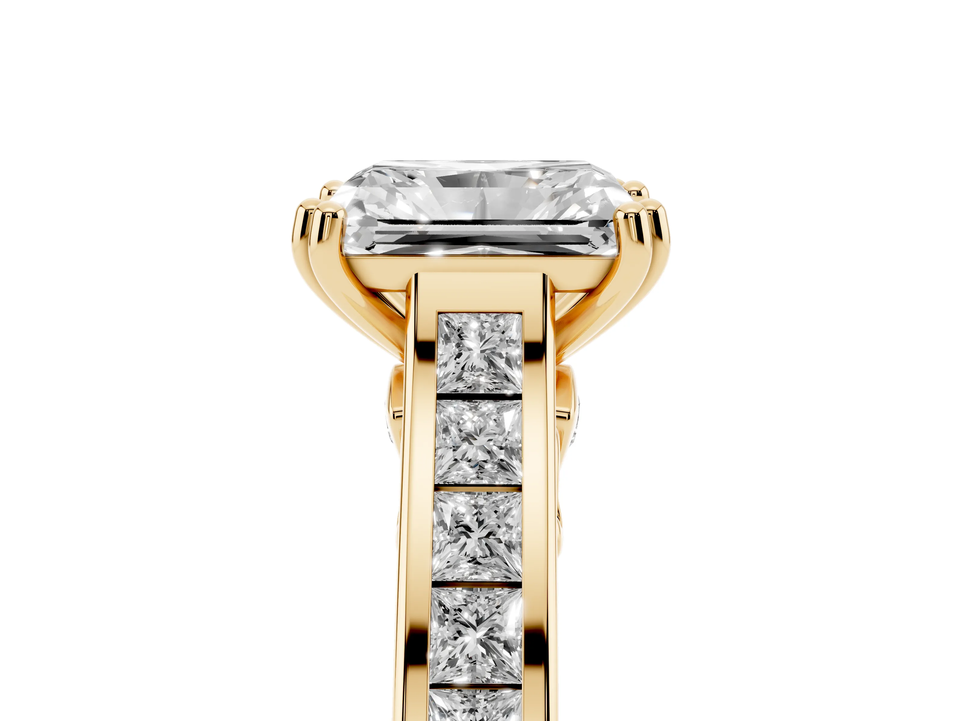Radiant Cut Diamond Channel Set Solitaire Engagement Ring Set in Yellow gold with Prong Setting