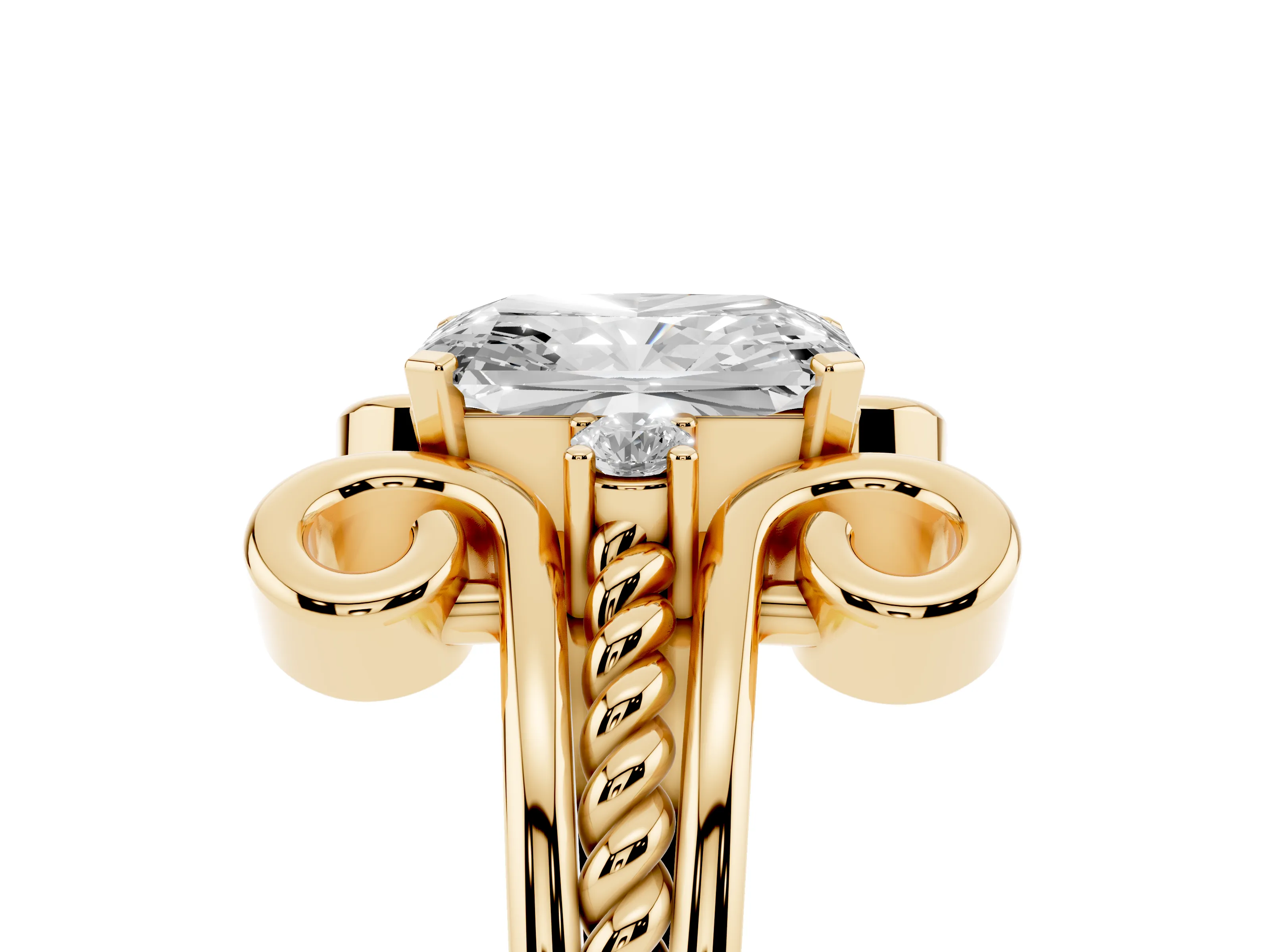 Radiant Cut Diamond Twisted Band Solitaire Ring Set in Yellow gold with Scroll Prongs