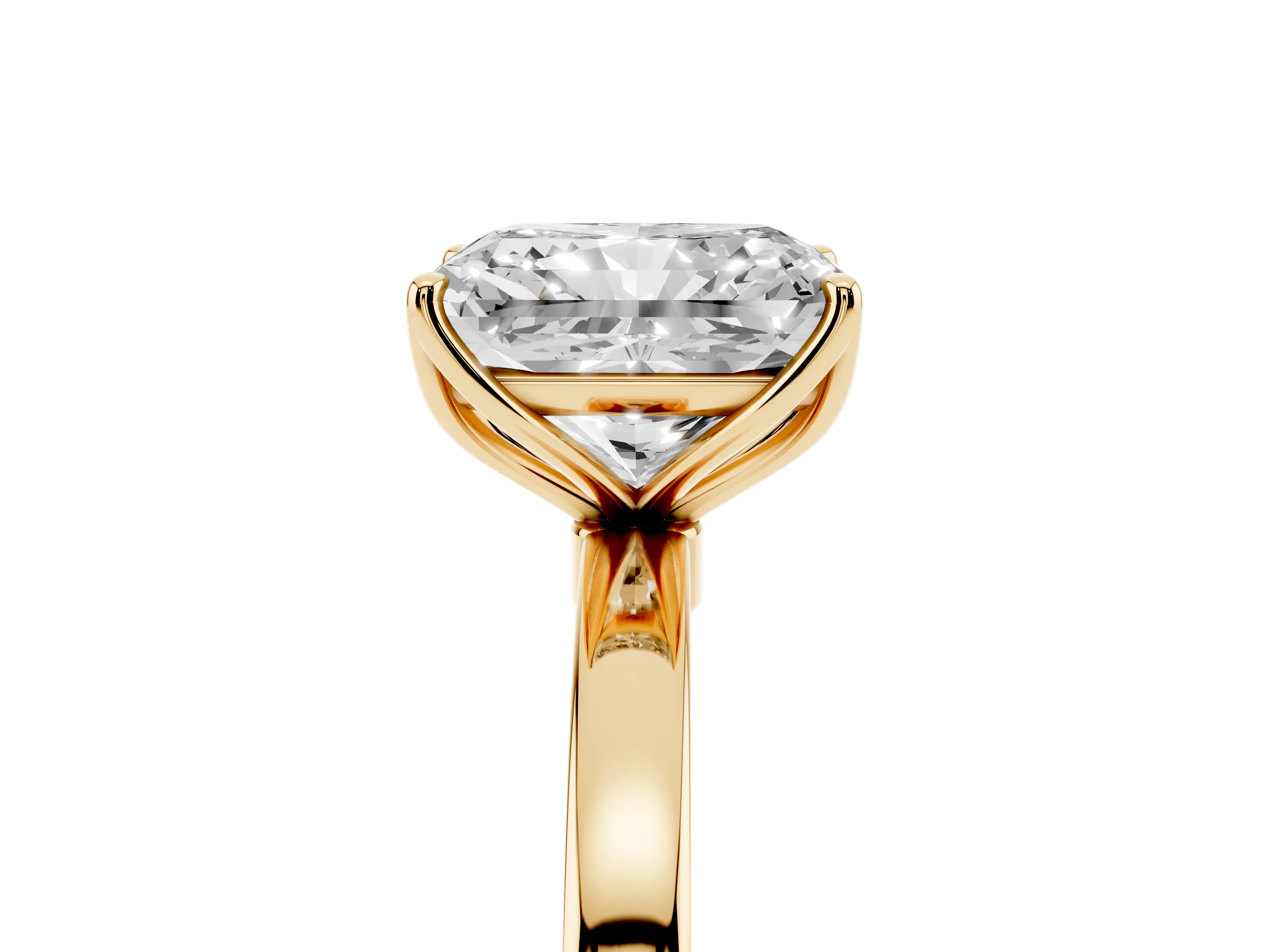 Radiant Cut Diamond Solitaire Ring Set in Yellow gold with Prong Setting and Thin Polished Band