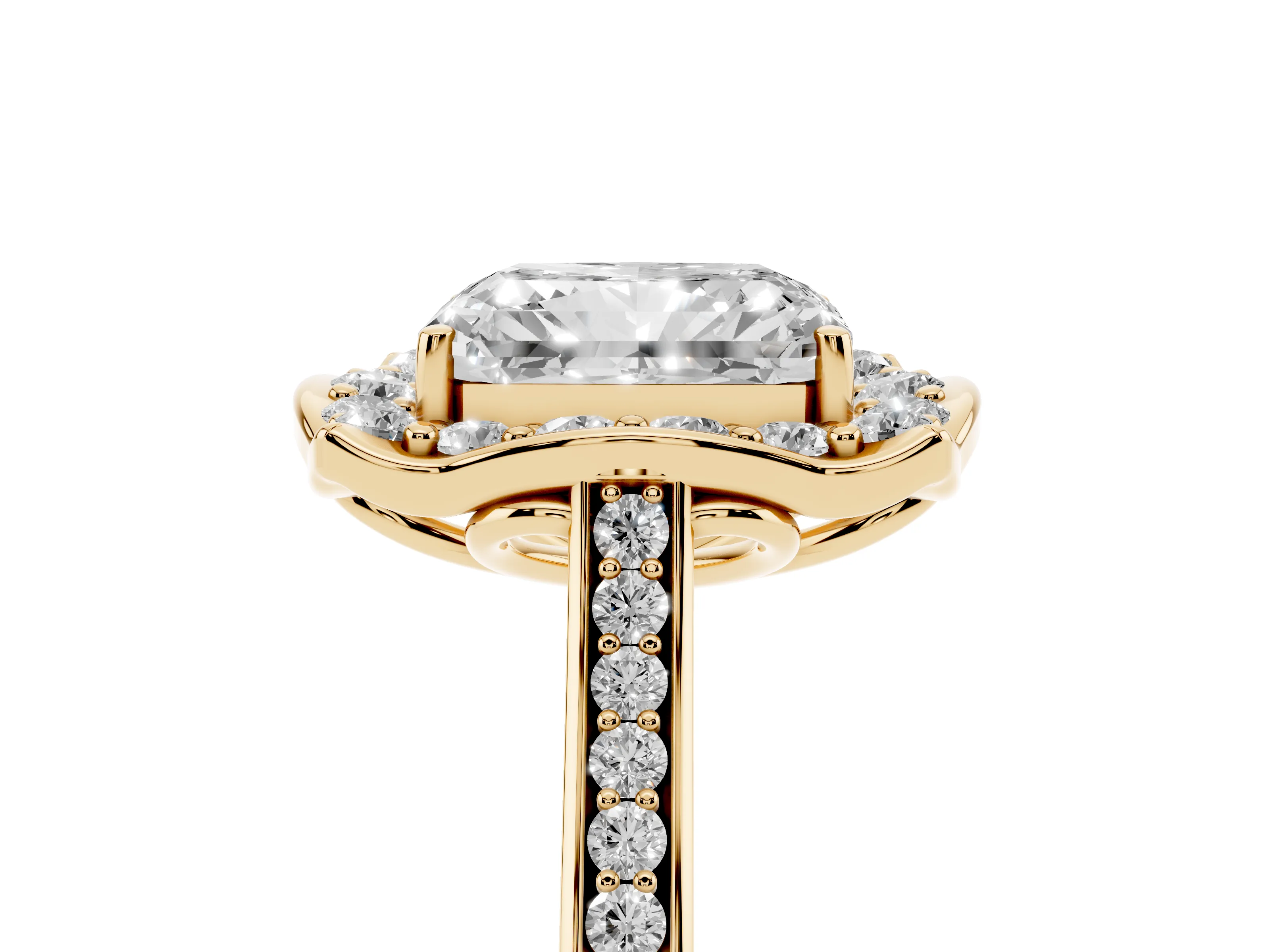 Radiant Cut Diamond Halo Ring Set in Yellow gold with Pavé-Lined Shoulders and Prong Setting