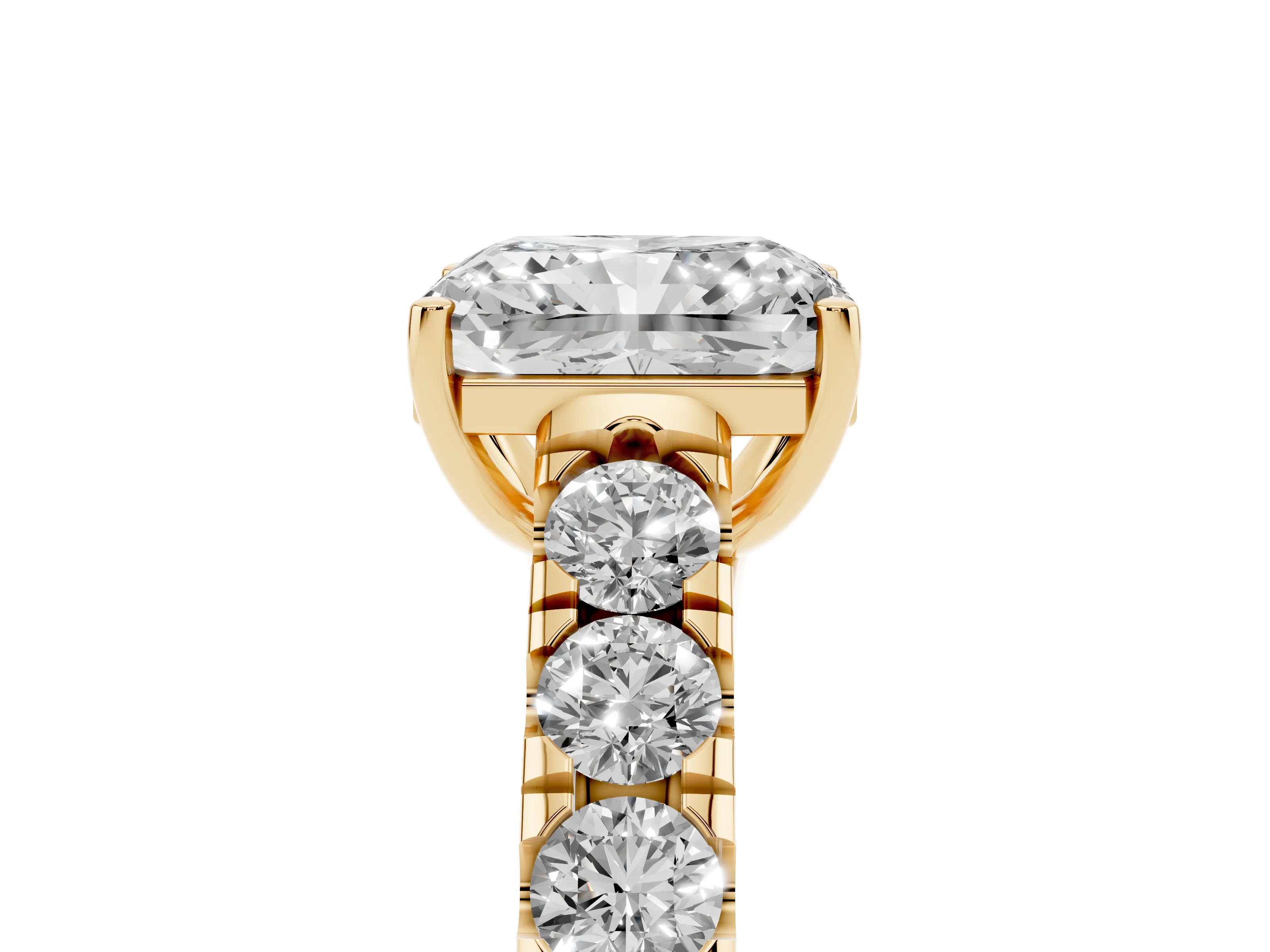 Radiant Cut Diamond Solitaire Ring Set in Yellow gold with Cut-Down Micro Pavé Band and Prong Setting