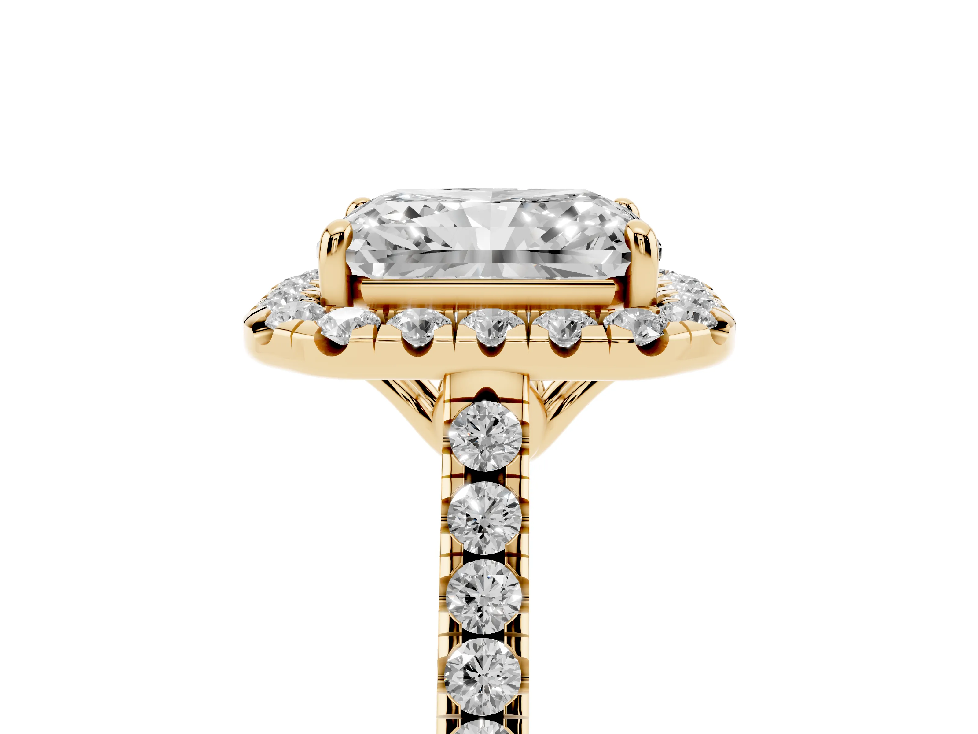 Radiant Cut Diamond Pavé Halo Engagement Ring Set in Yellow gold with Pavé Band and Prong Setting