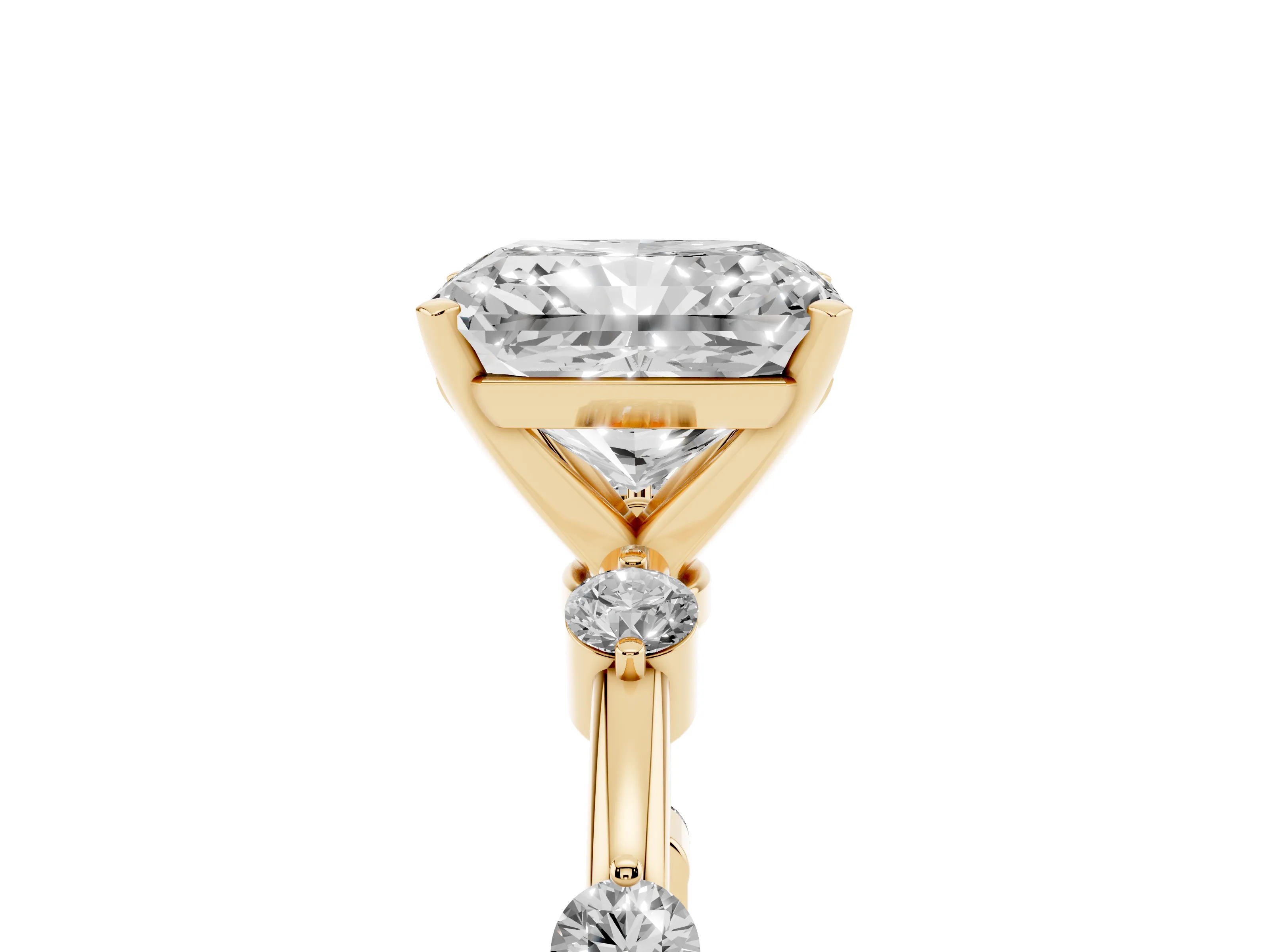 Radiant Cut Diamond Solitaire Ring Set in Yellow gold with Bezel Set Side Stones and Prong Setting