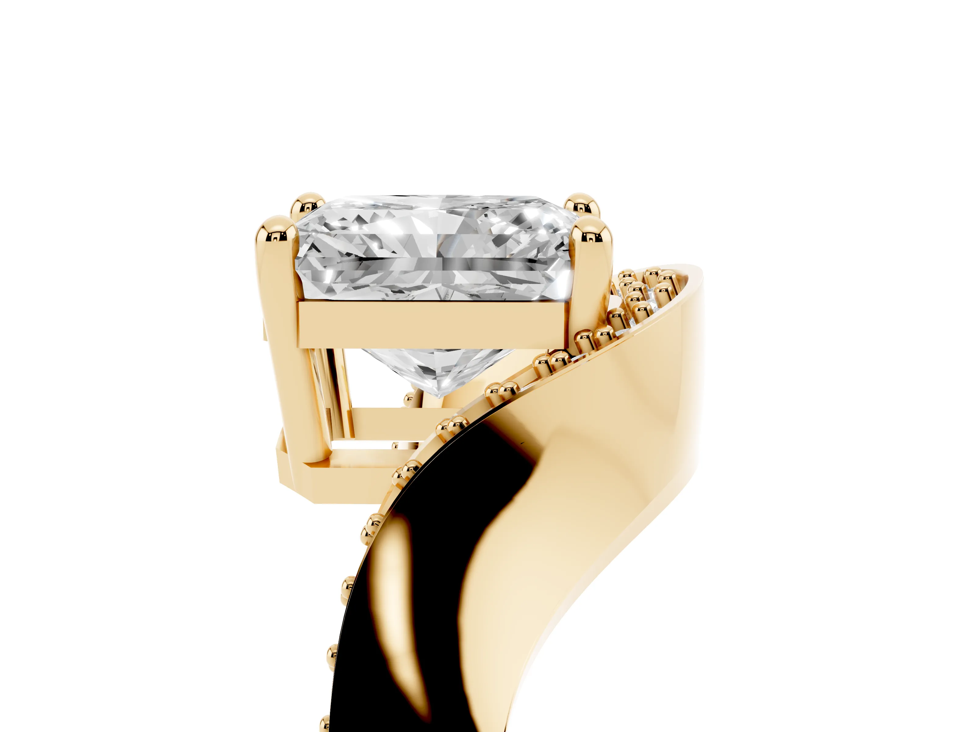 Radiant Cut Diamond Solitaire Engagement Ring Set in Yellow gold with Pavé Shoulders