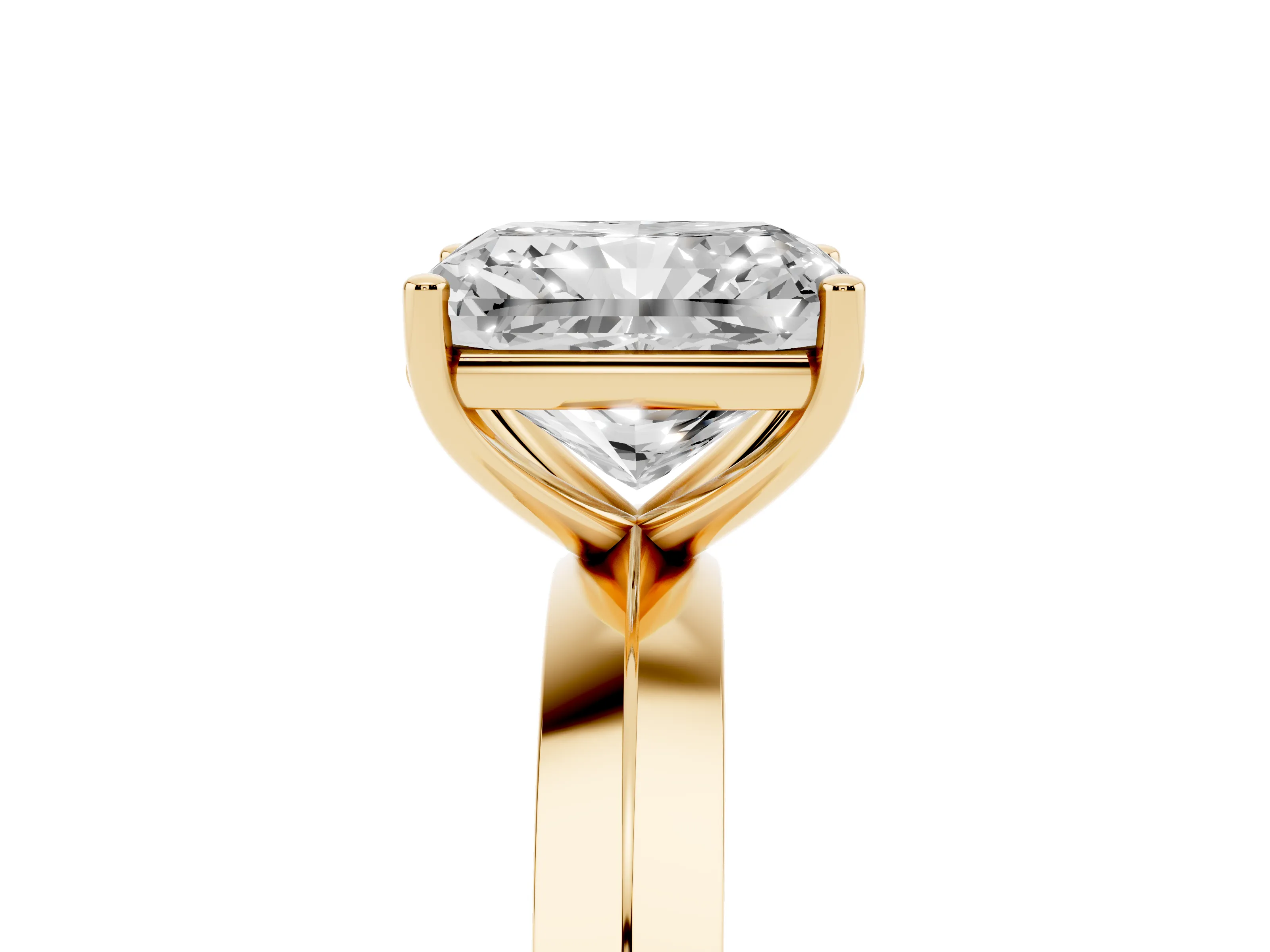 Radiant Cut Diamond Solitaire Engagement Ring Set in Yellow gold with Flat Band and Prong Setting