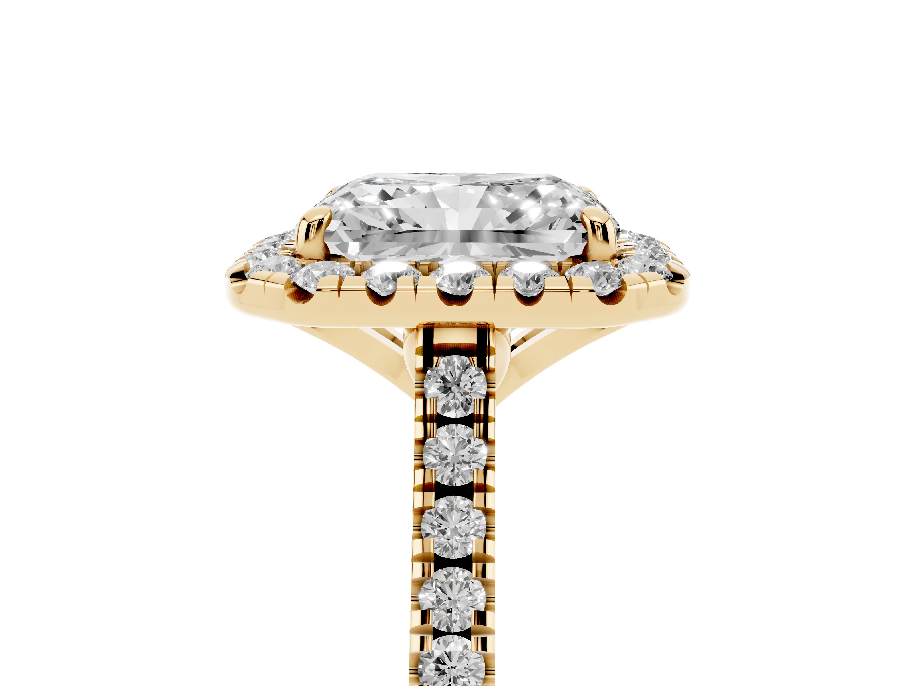 Radiant Cut Diamond Cushion Halo Ring Set in Yellow gold with Pavé Band