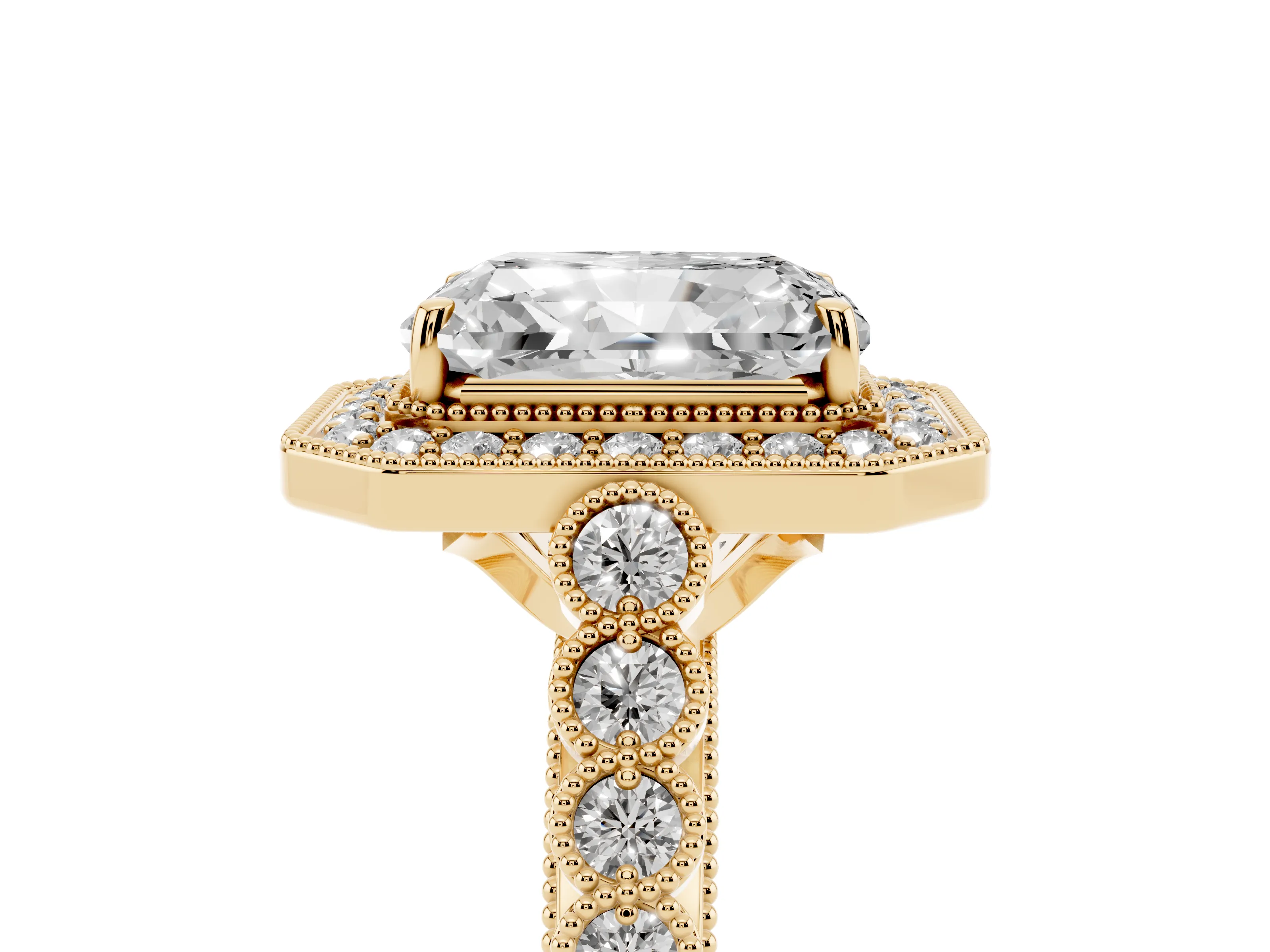 Radiant Cut Diamond Milgrain Halo Solitaire Ring Set in Yellow gold with Bezel Set Side Stones and Pavé Band