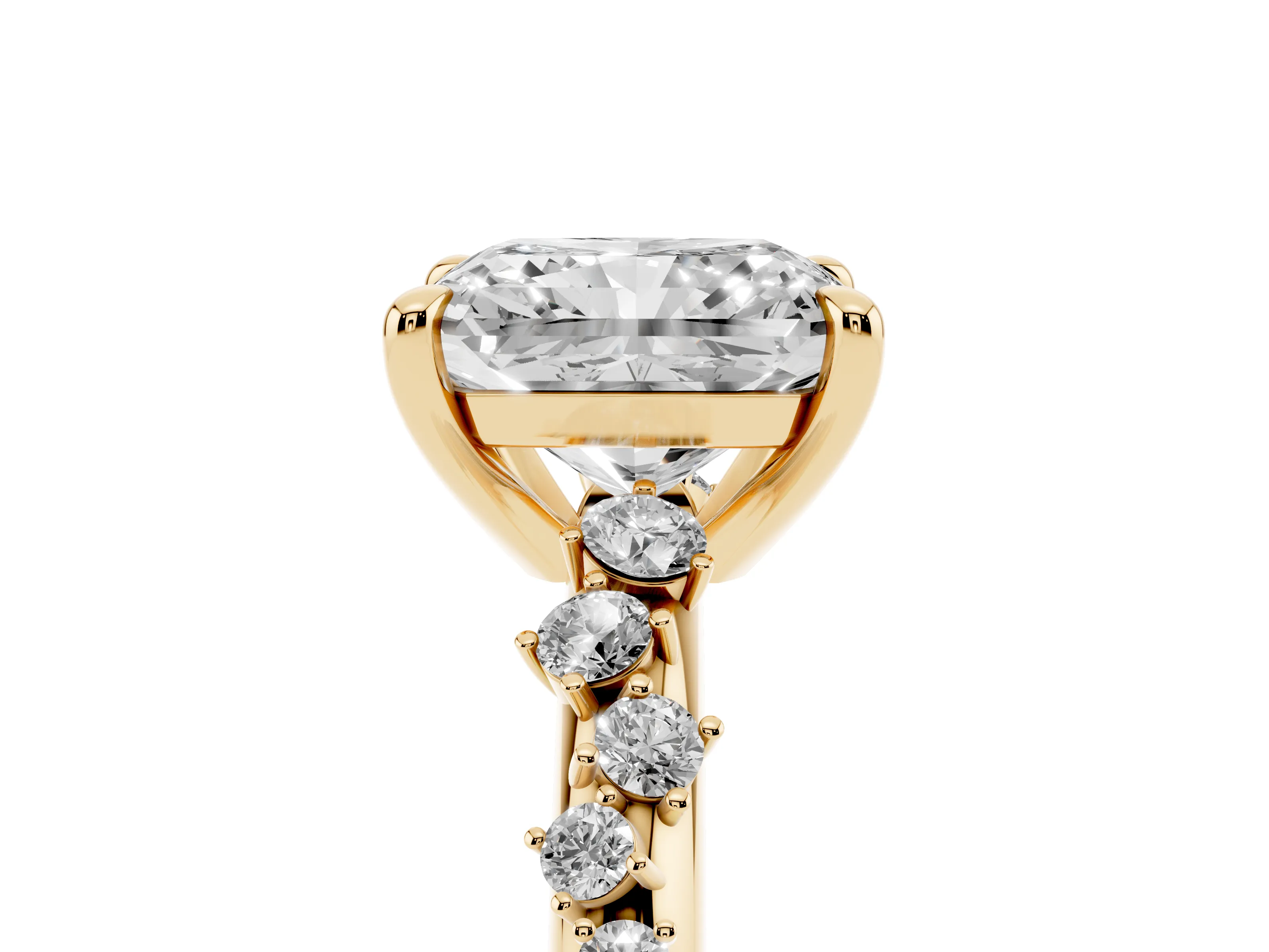 Radiant Cut Diamond Solitaire Vine Band Ring Set in Yellow gold with Round Accents and Prong Setting