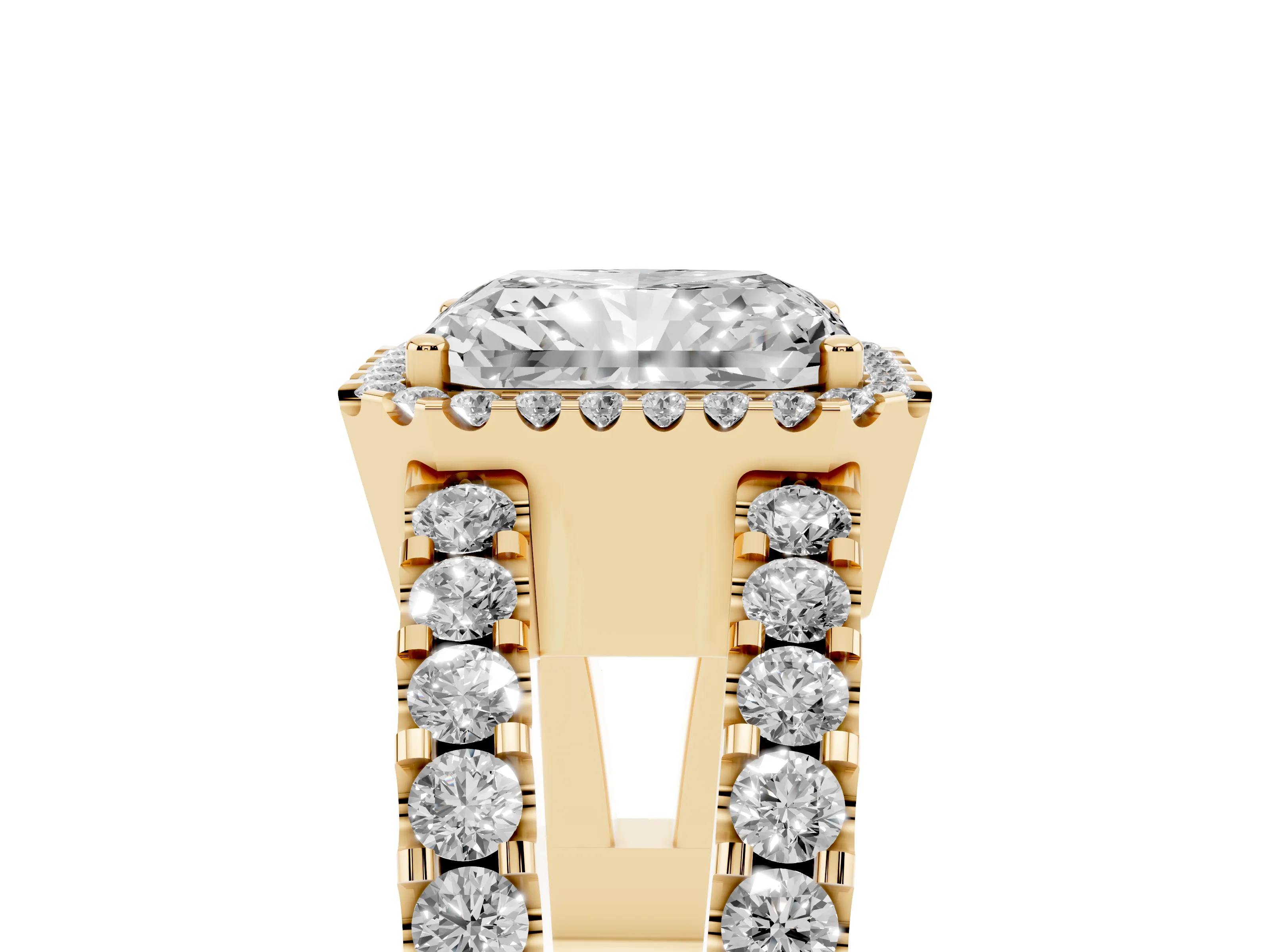 Radiant Cut Diamond Halo Ring Set in Yellow gold with Pavé Split Shank and Prong Setting