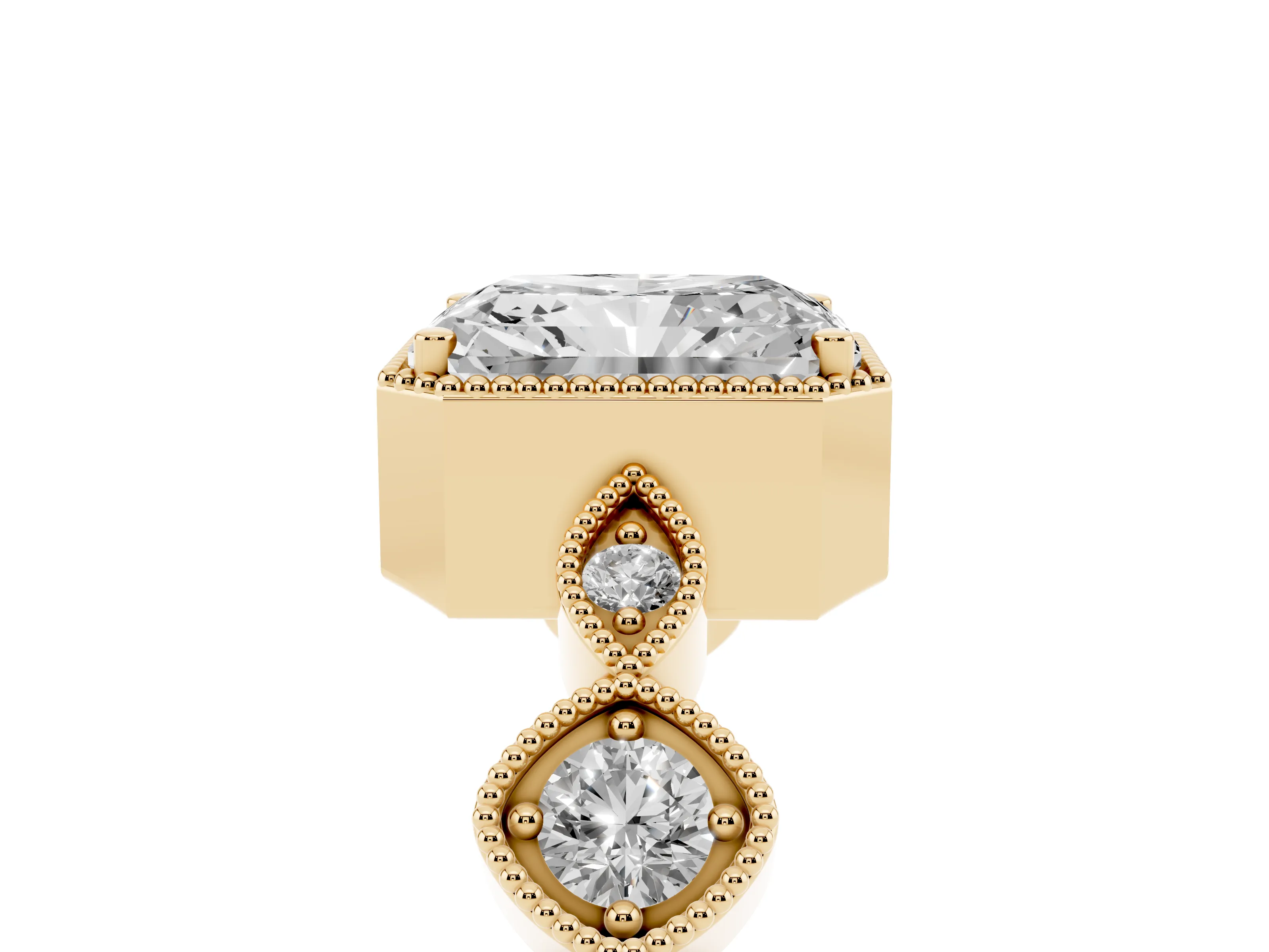 Radiant Cut Diamond Vintage-Inspired Milgrain Ring Set in Yellow gold with Marquise Stations of Round Accents