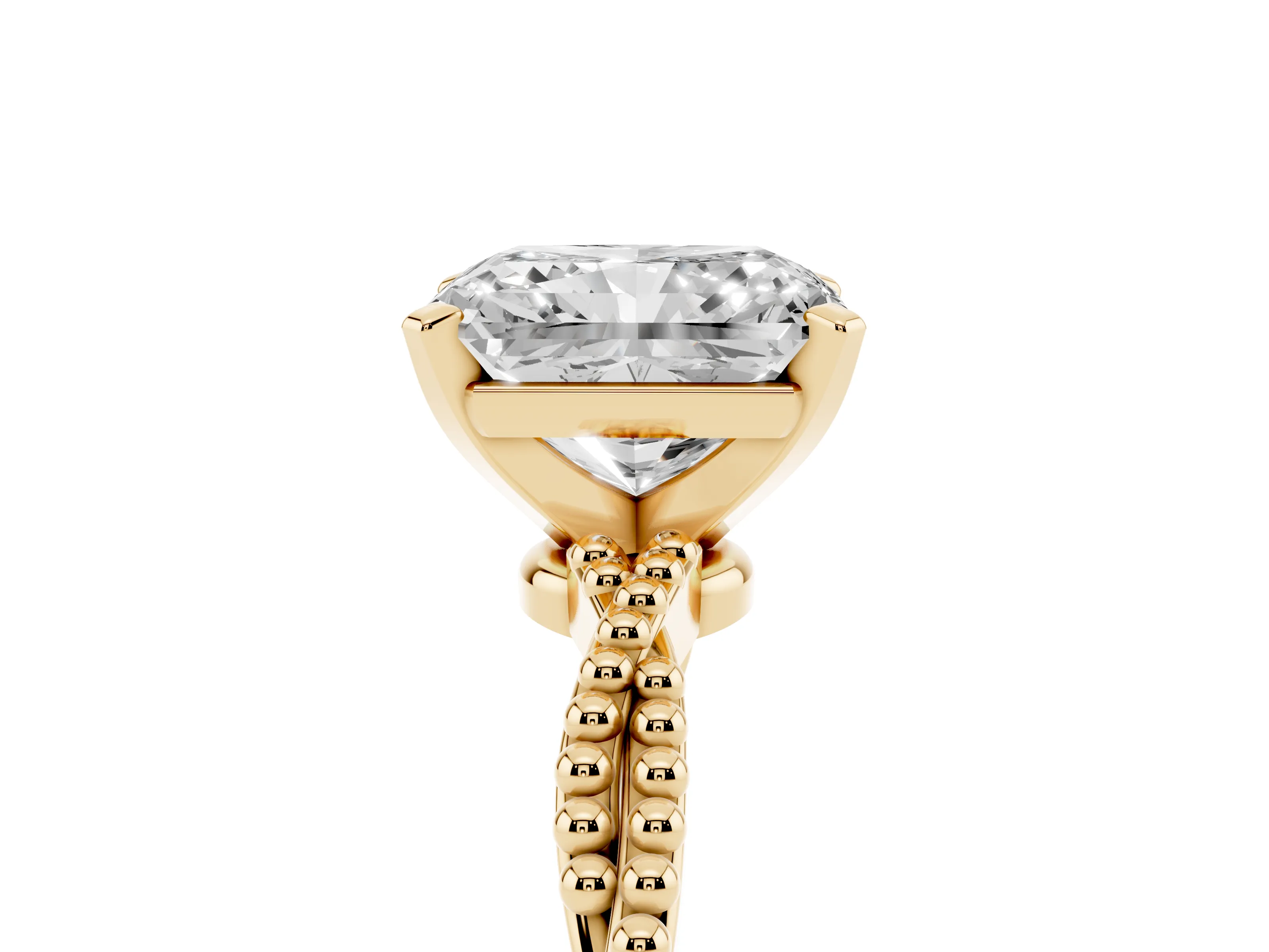 Radiant Cut Diamond Solitaire Ring Set in Yellow gold with Twisted Band and Bead Prong Setting