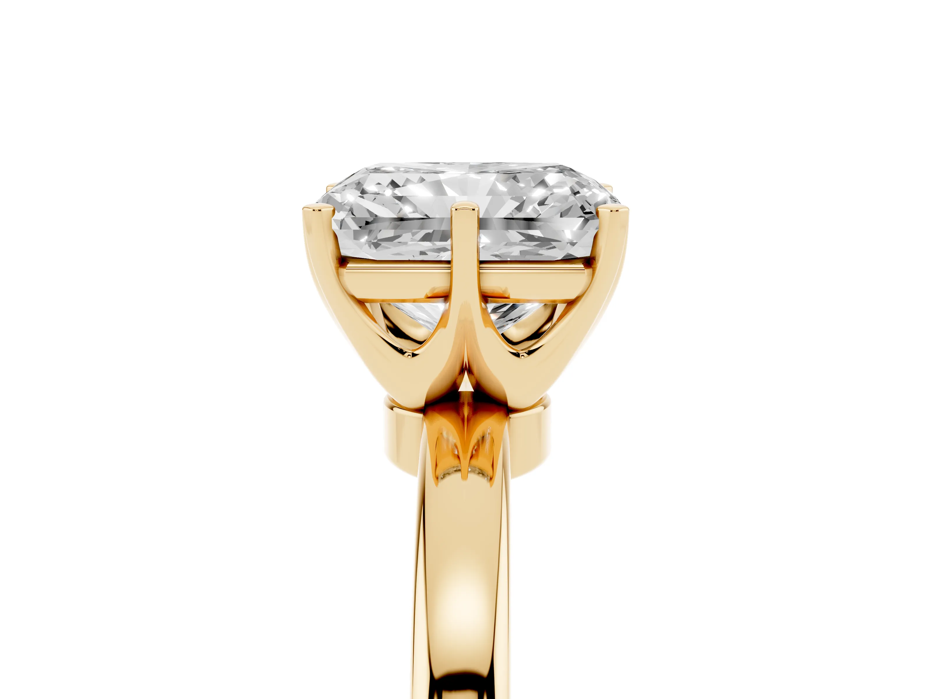 Radiant Cut Diamond Solitaire Ring Set in Yellow gold with Raised Prong Setting on a Classic Band