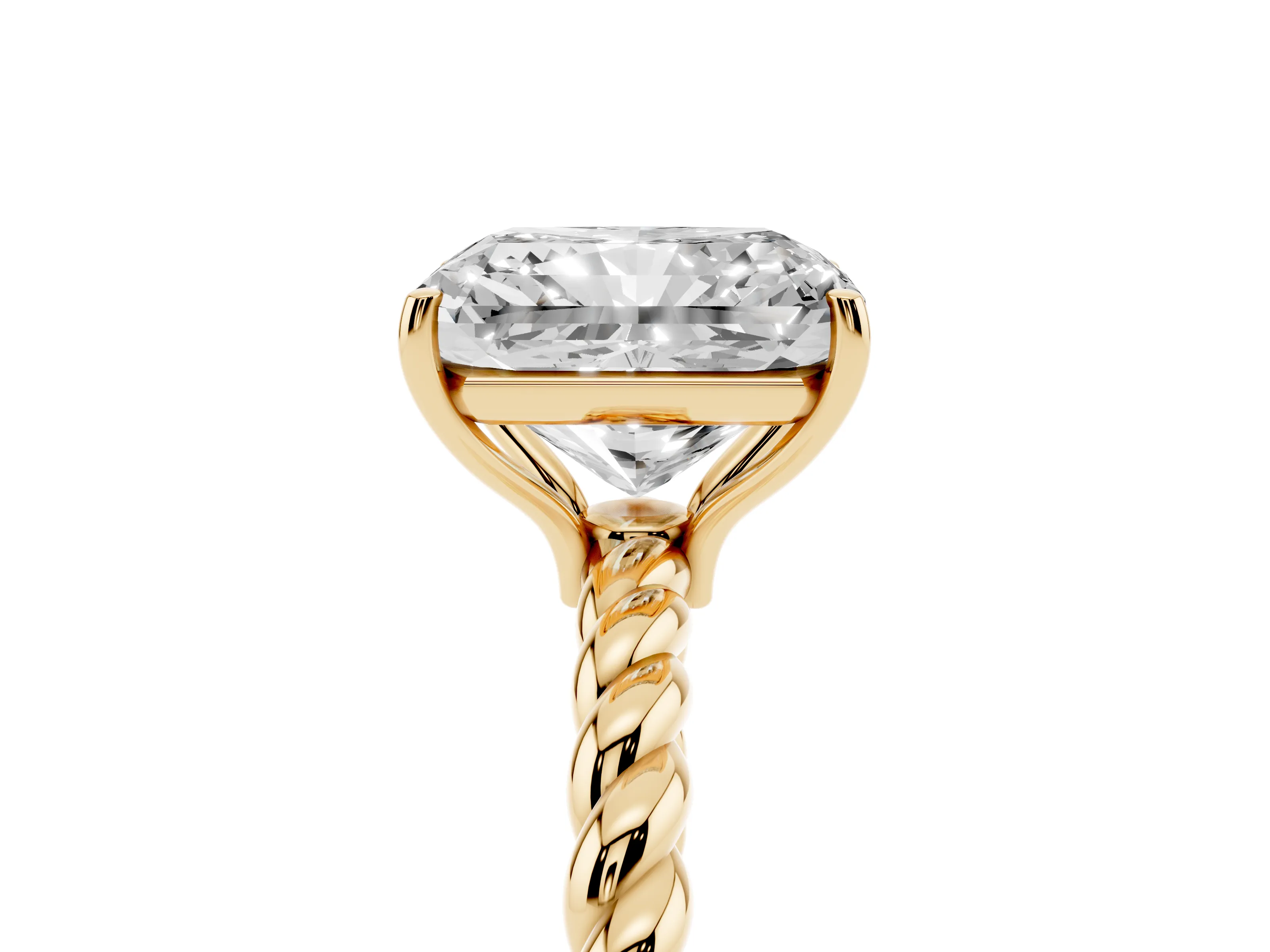 Radiant Cut Diamond Solitaire Ring Set in Yellow gold with Twist Band and Prong Setting