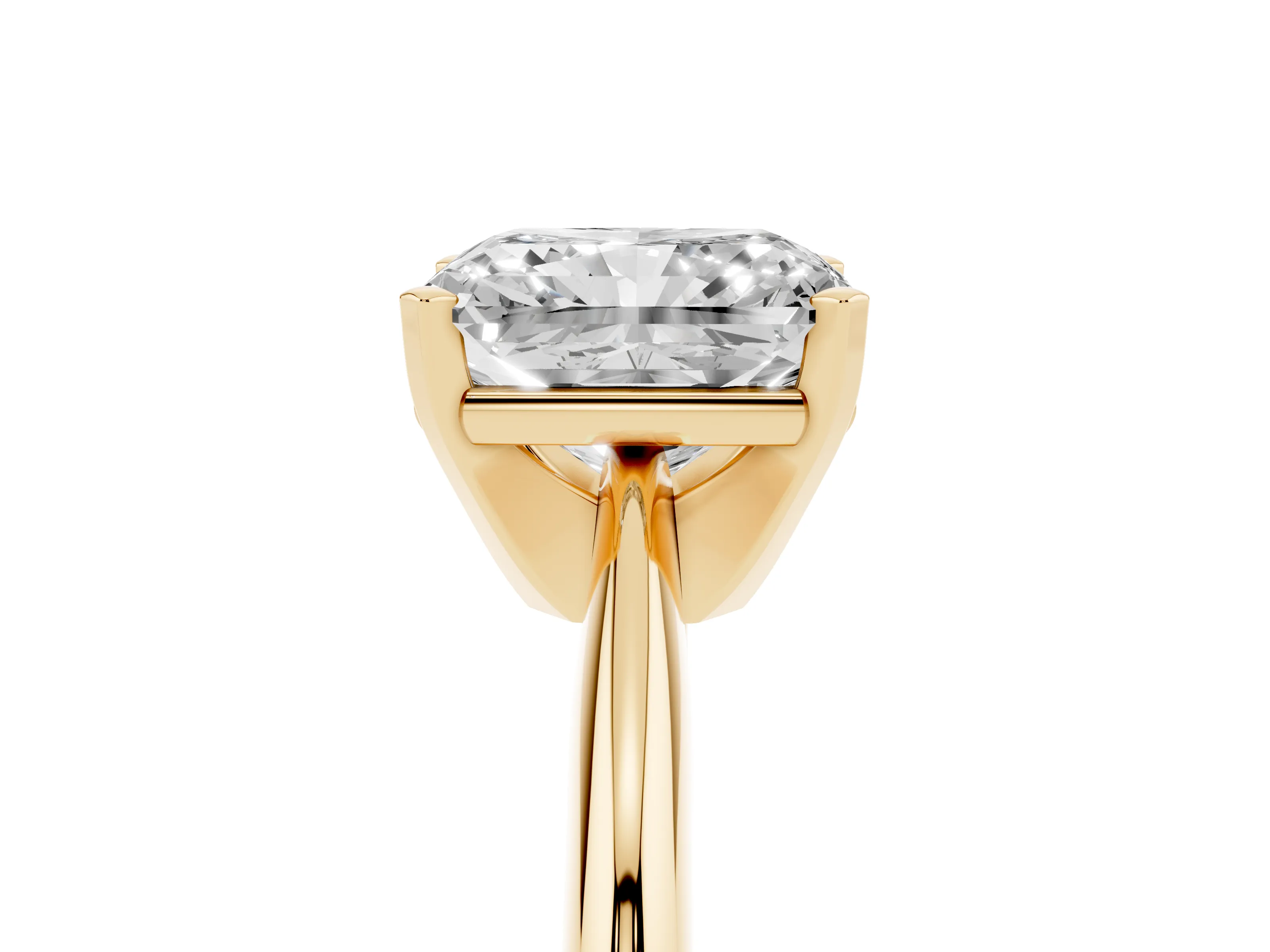 Radiant Cut Diamond Solitaire Ring Set in Yellow gold with Prong Setting on a Plain Round Band